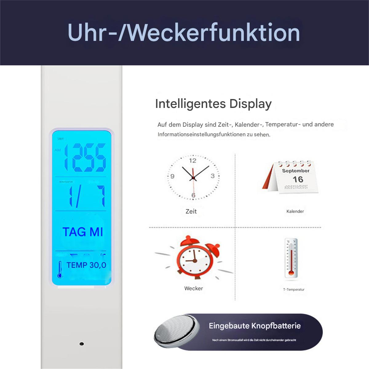 Digitaluhr mit Zeit-, Kalender- und Temperaturanzeige, mit zugehörigen Symbolen.