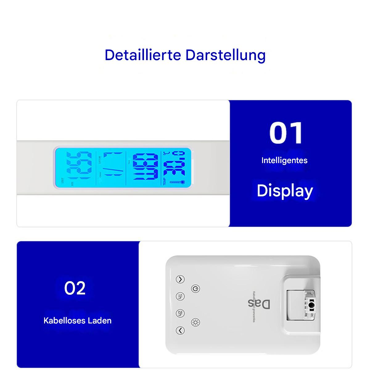 Produktdetails mit Text und Bildern eines Digitaldisplays und eines kabellosen Ladepads.