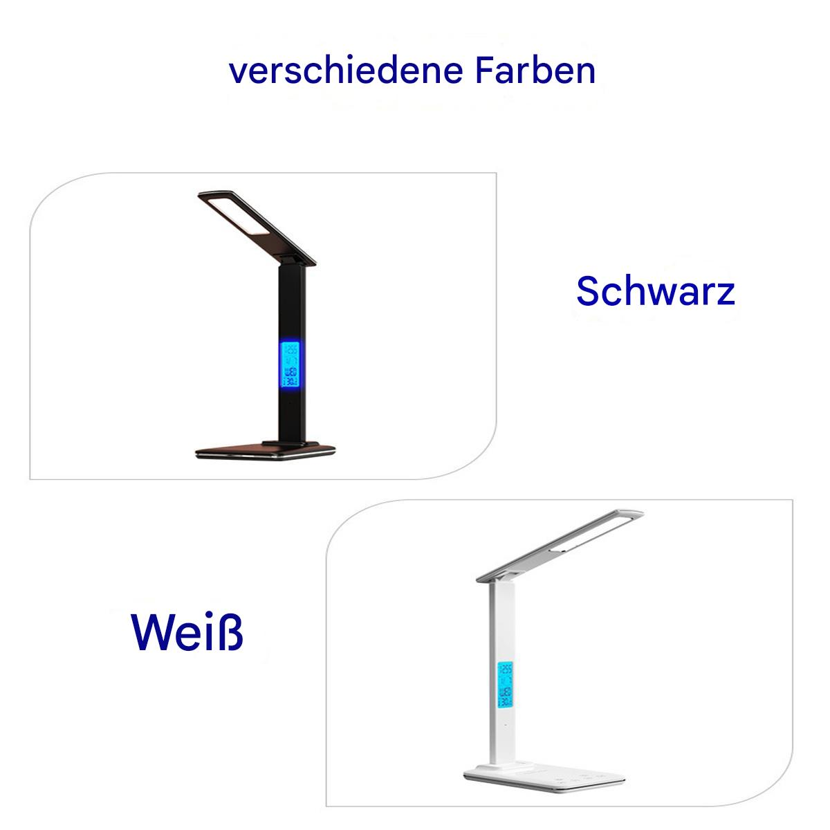 Zwei Schreibtischlampen, schwarz und weiß, mit Digitalanzeigen. Text zeigt Farbe und verschiedene Designs.
