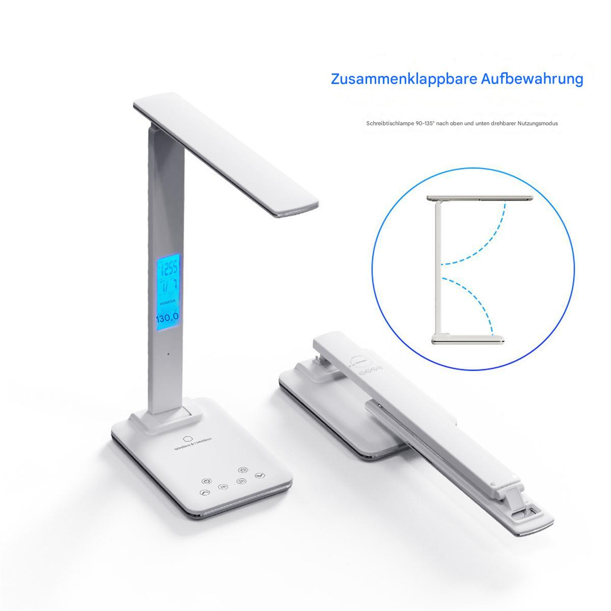 Weiße Schreibtischlampe mit Digitalanzeige. Sie befindet sich in zwei Positionen, gefaltet und entfaltet.