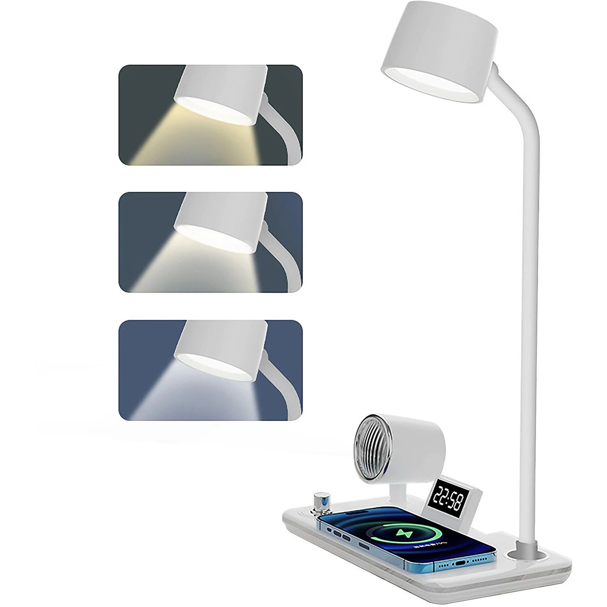 Weiße Schreibtischlampe mit mehreren Lichteinstellungen. Enthält Telefonladegerät und Digitaluhr. Weißer Hintergrund.