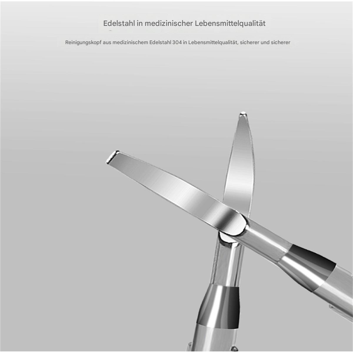 Medizinisches zahnärztliches Werkzeug aus Edelstahl. Es hat eine abgerundete Spitze.