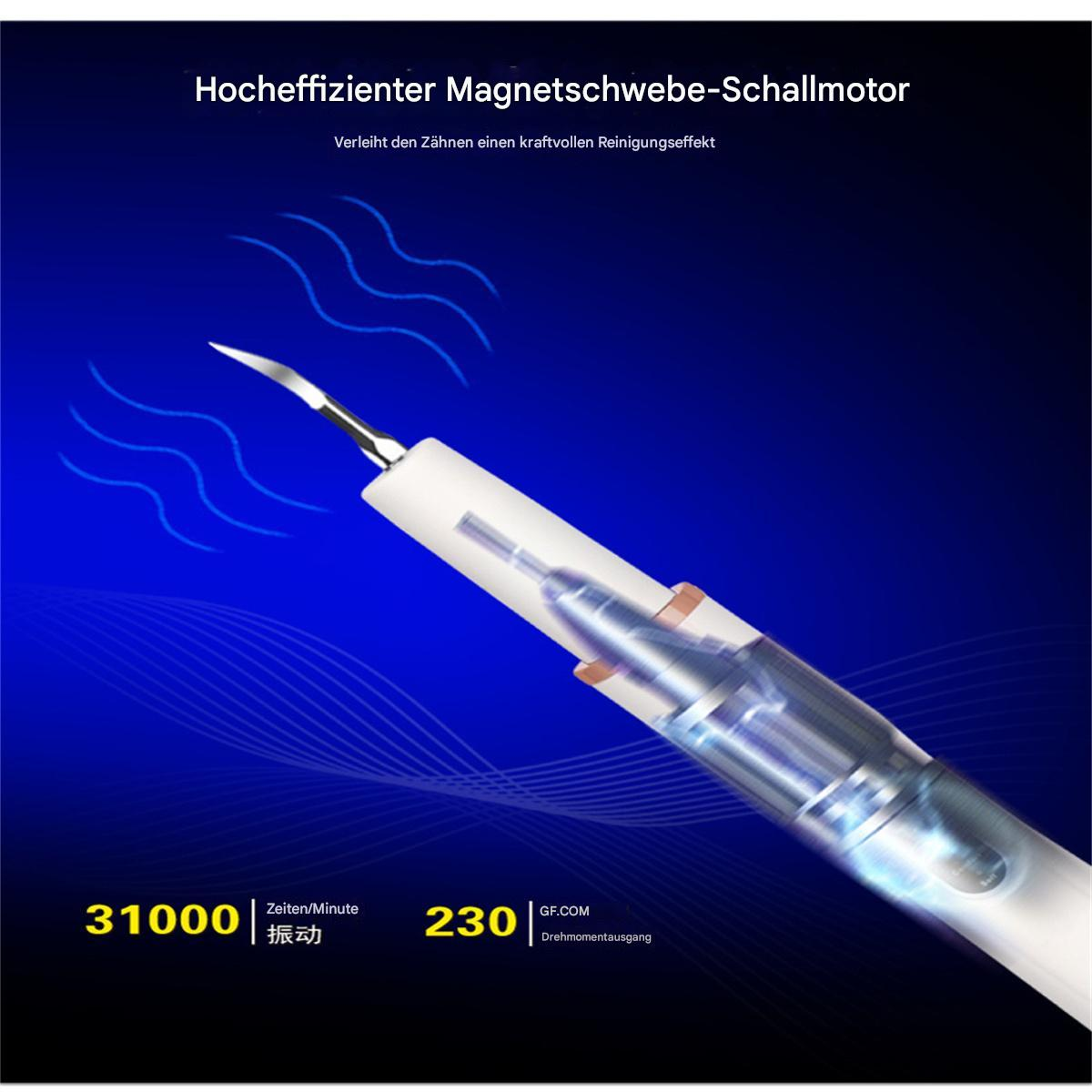 Elektrischer Zahnbürstenkopf mit weißem Körper und blauen Wellenlinien auf blauem Grund.