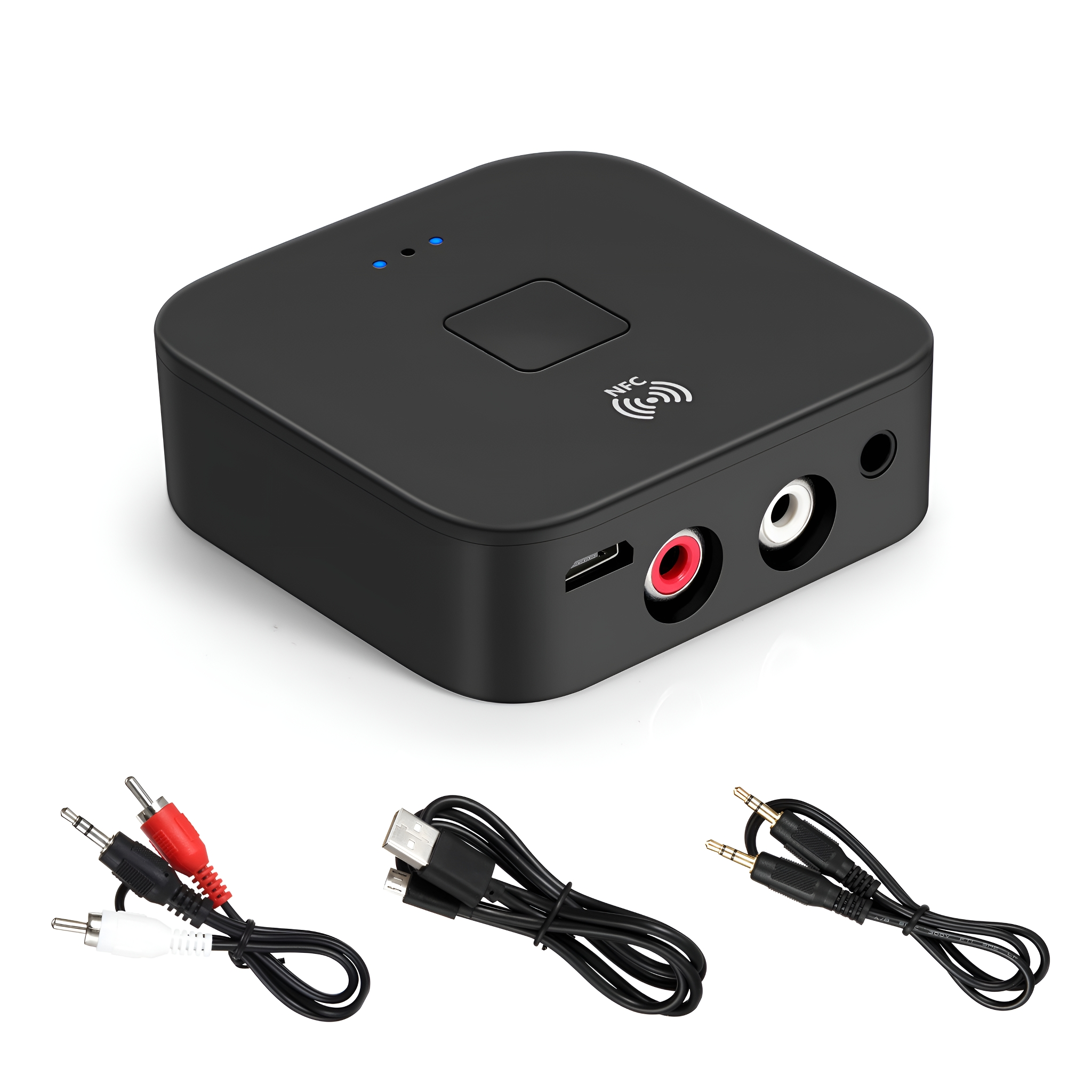 Schwarzer Bluetooth-Empfänger mit Kabeln für Audioanschlüsse.