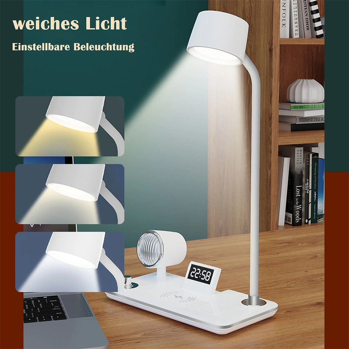 Weiße Schreibtischlampe mit einstellbarem Licht und Digitaluhr auf weißer Basis.