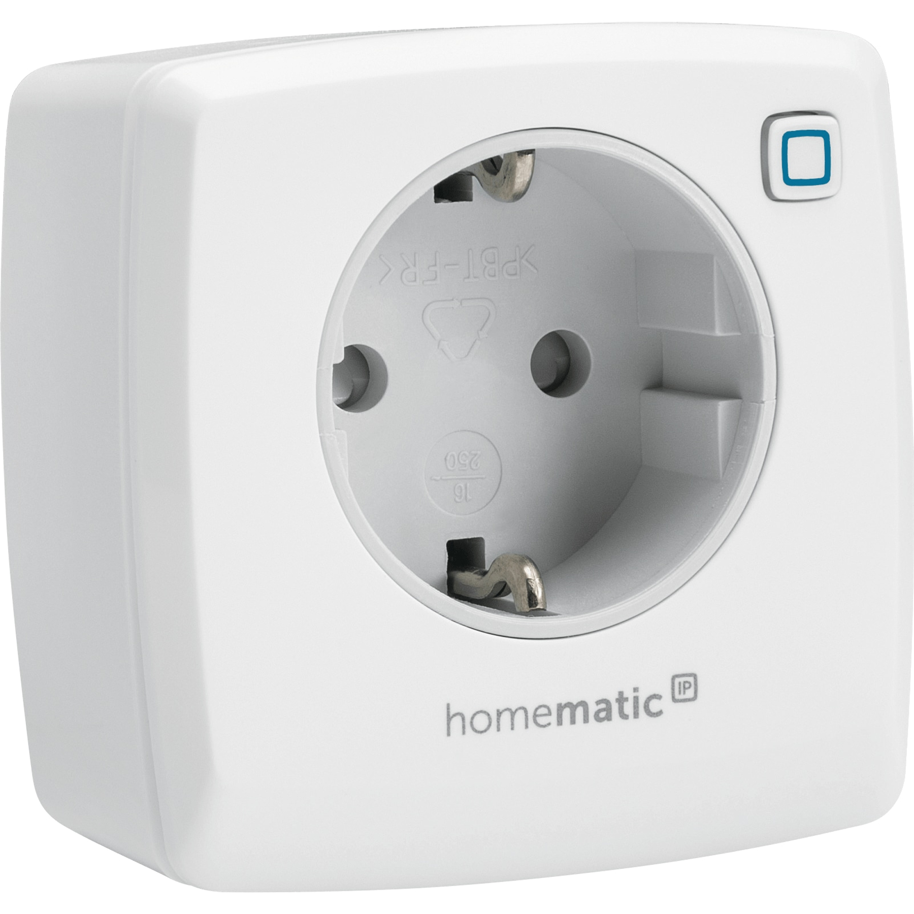 Weißer Smart Plug mit Knopf und Steckdose. Das Gerät hat eine quadratische Form.