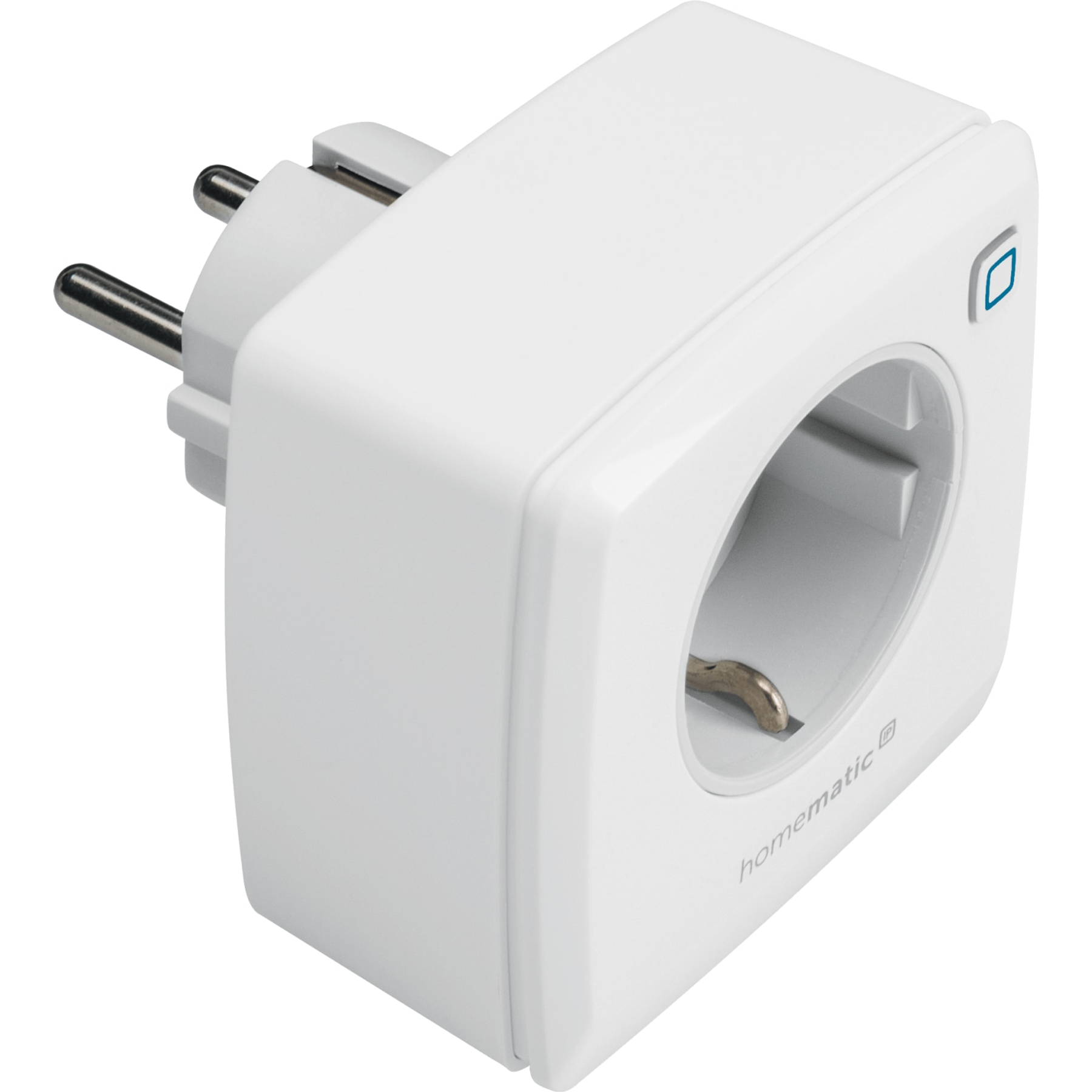 Ein weißer Smart-Stecker. Er hat einen Stecker auf der einen Seite und eine Steckdose auf der anderen. Ein blauer Knopf ist sichtbar.