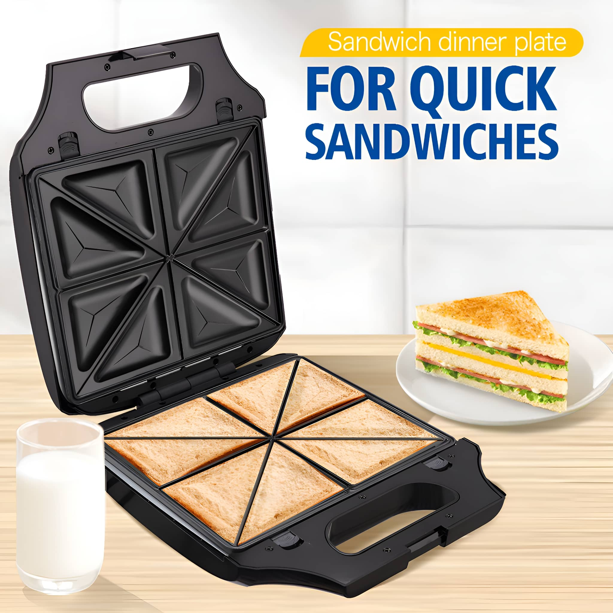 Sandwichmaker mit Sandwiches und Glas Milch.