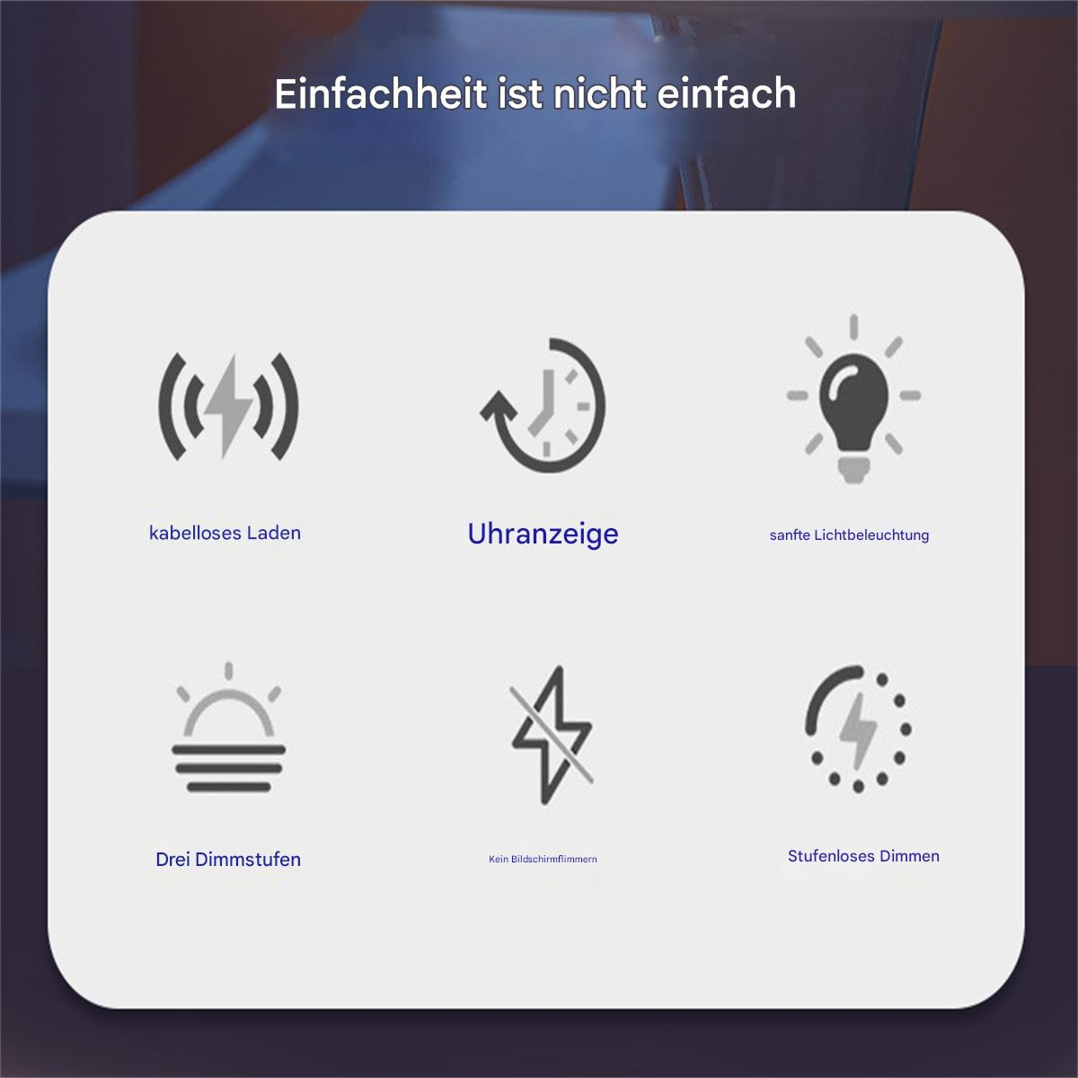 Ein Panel mit Symbolen für kabelloses Laden, Uhrenanzeige, sanftes Licht, drei Dimmstufen und kein Bildschirmflackern.
