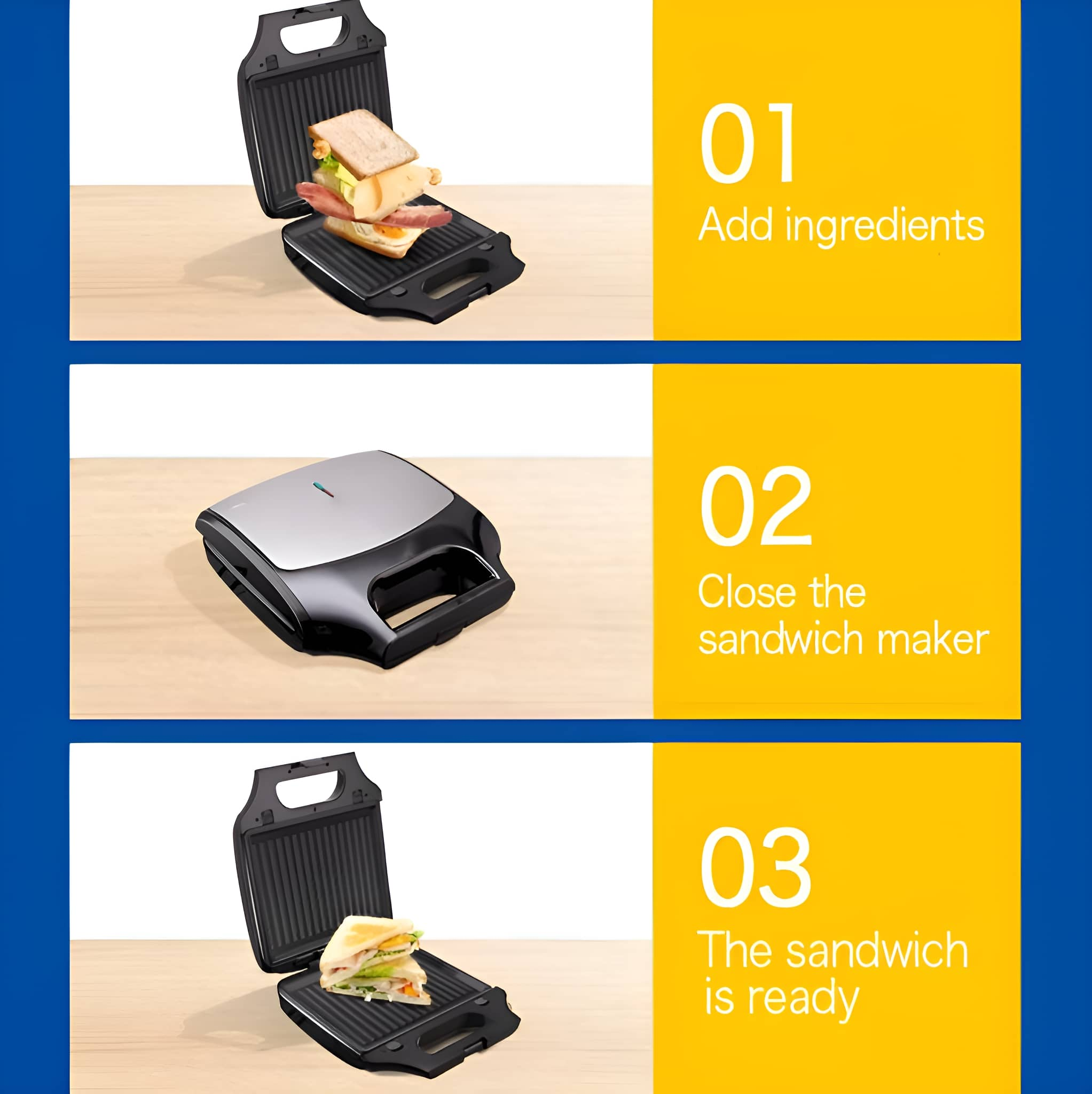 Sandwichmaker mit Zutaten, geschlossen und offen, zeigt das Sandwich.
