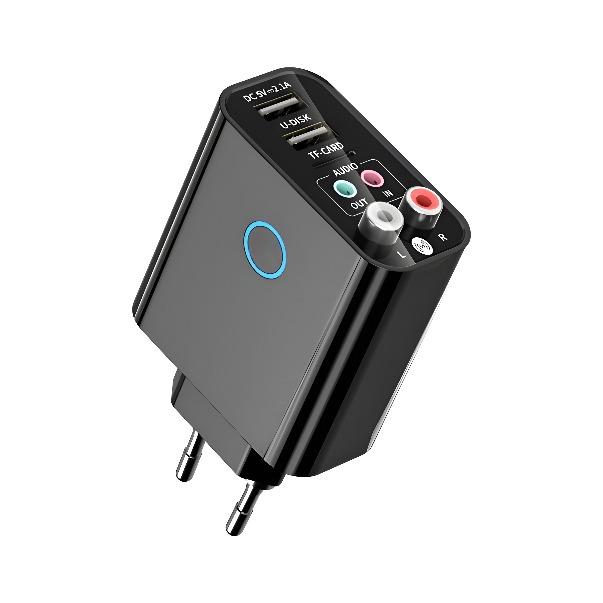 Schwarzer rechteckiger Netzadapter mit mehreren Anschlüssen, isoliert auf Weiß.
