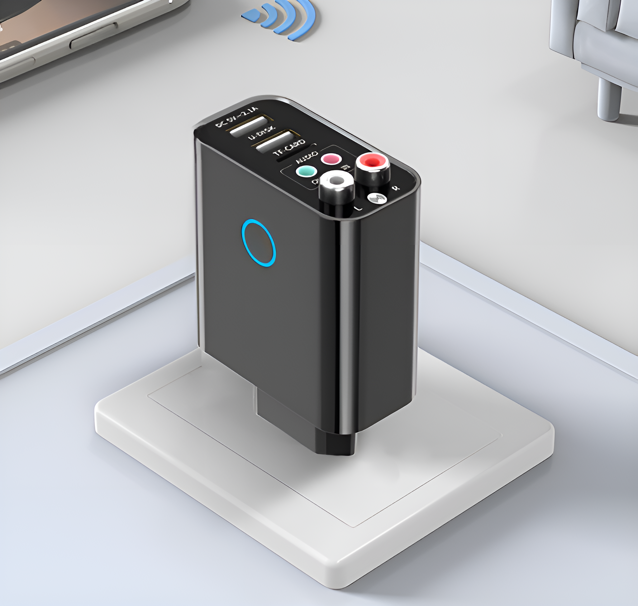 Schwarzes Gerät mit USB-Anschlüssen und TF-Kartensteckplatz auf weißer Oberfläche, blaues WLAN-Signal.