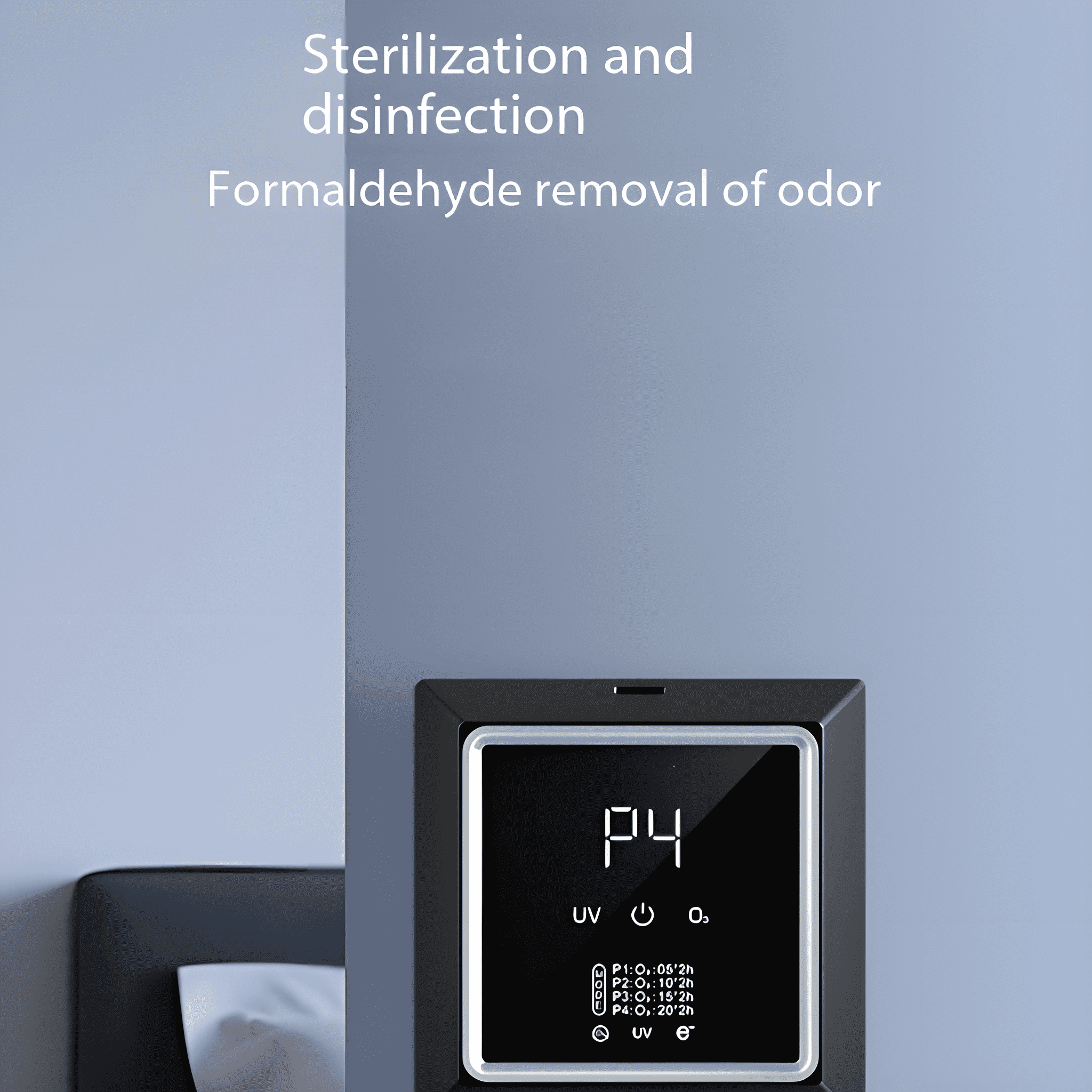 Ein schwarzes Gerät mit digitaler Anzeige. Es zeigt P4, UV- und O3-Symbole an. Text lautet 'Formaldehyd-Geruchsbeseitigung'.