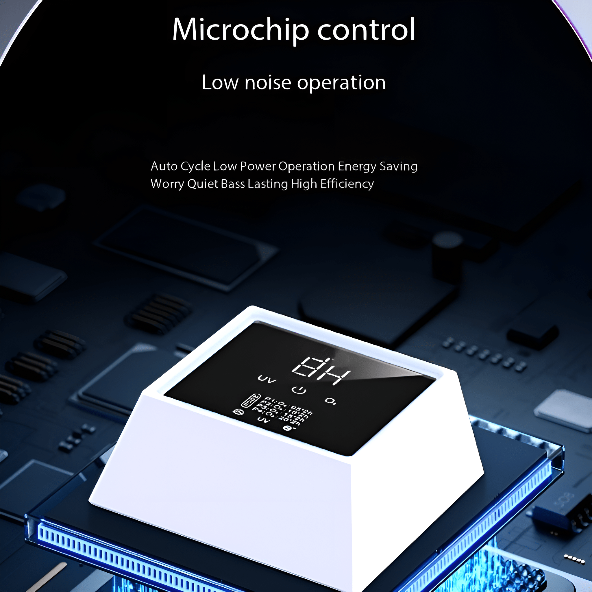 Ein weißes Gerät mit Bildschirm, der Zahlen anzeigt, umgeben von einer Leiterplatte. Text oben: Microchip-Steuerung.