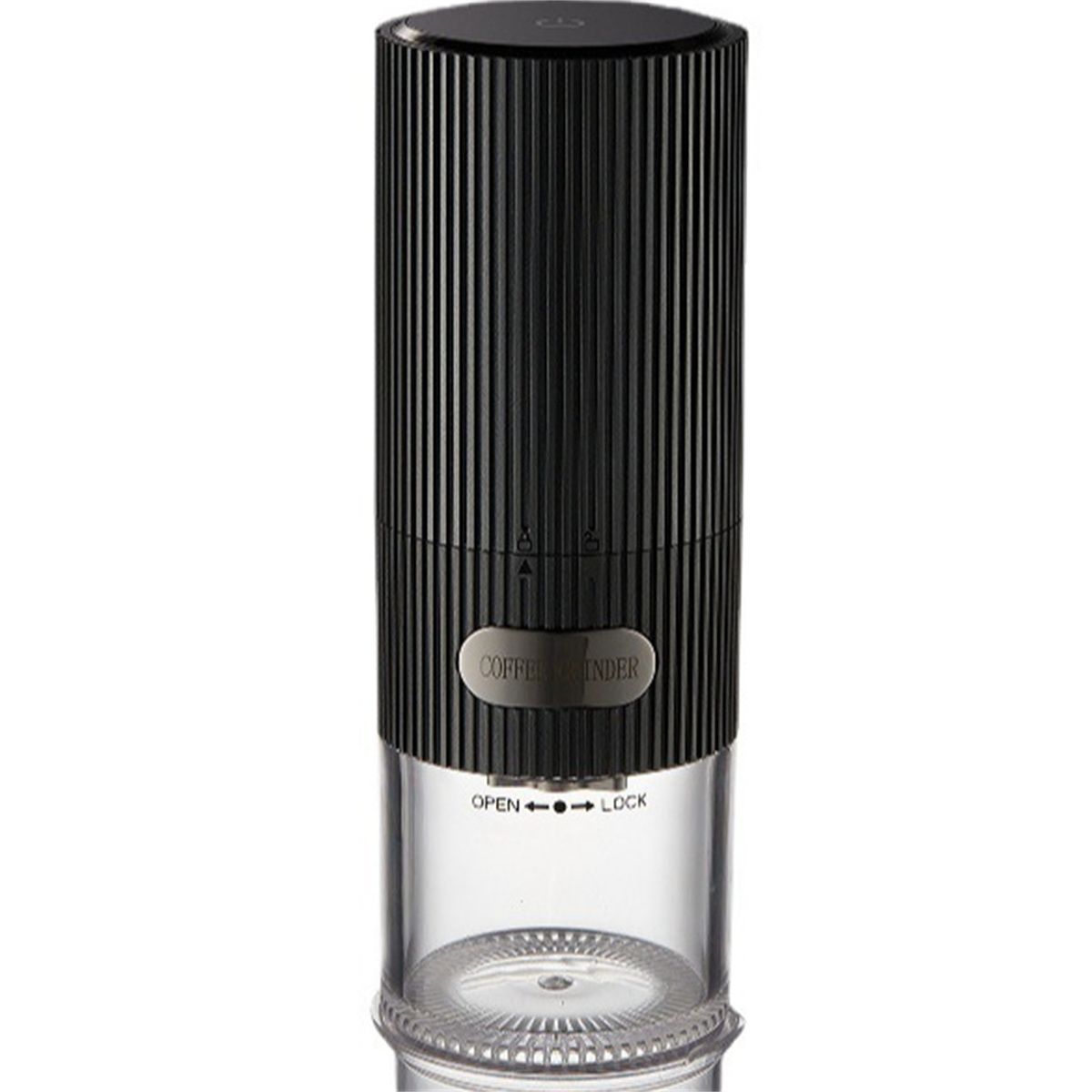 Schwarze Kaffeemühle mit transparentem Boden. Text 'Coffee Grinder' sichtbar. Weißer Hintergrund.
