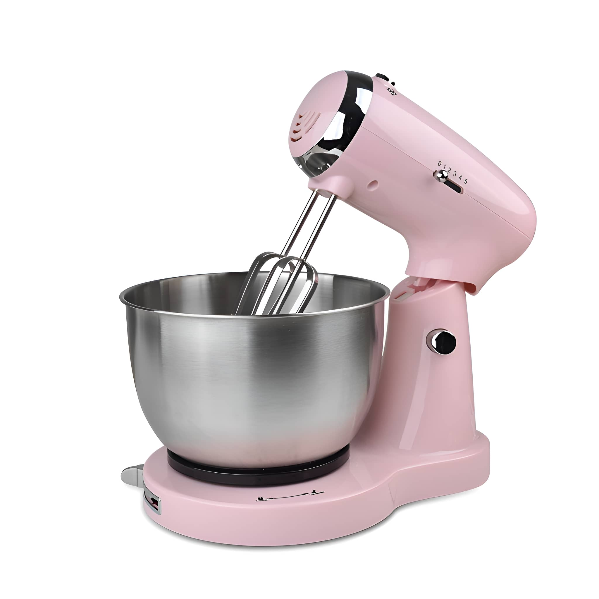 Rosa Küchenmaschine mit Edelstahlschüssel. Der Mixer steht auf weißem Hintergrund.