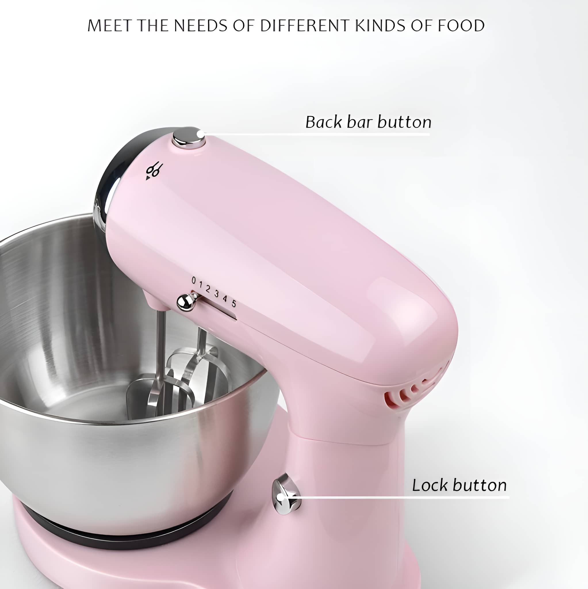 Rosa Küchenmaschine mit Schüssel. Rückseite und Verriegelungsknopf gezeigt.