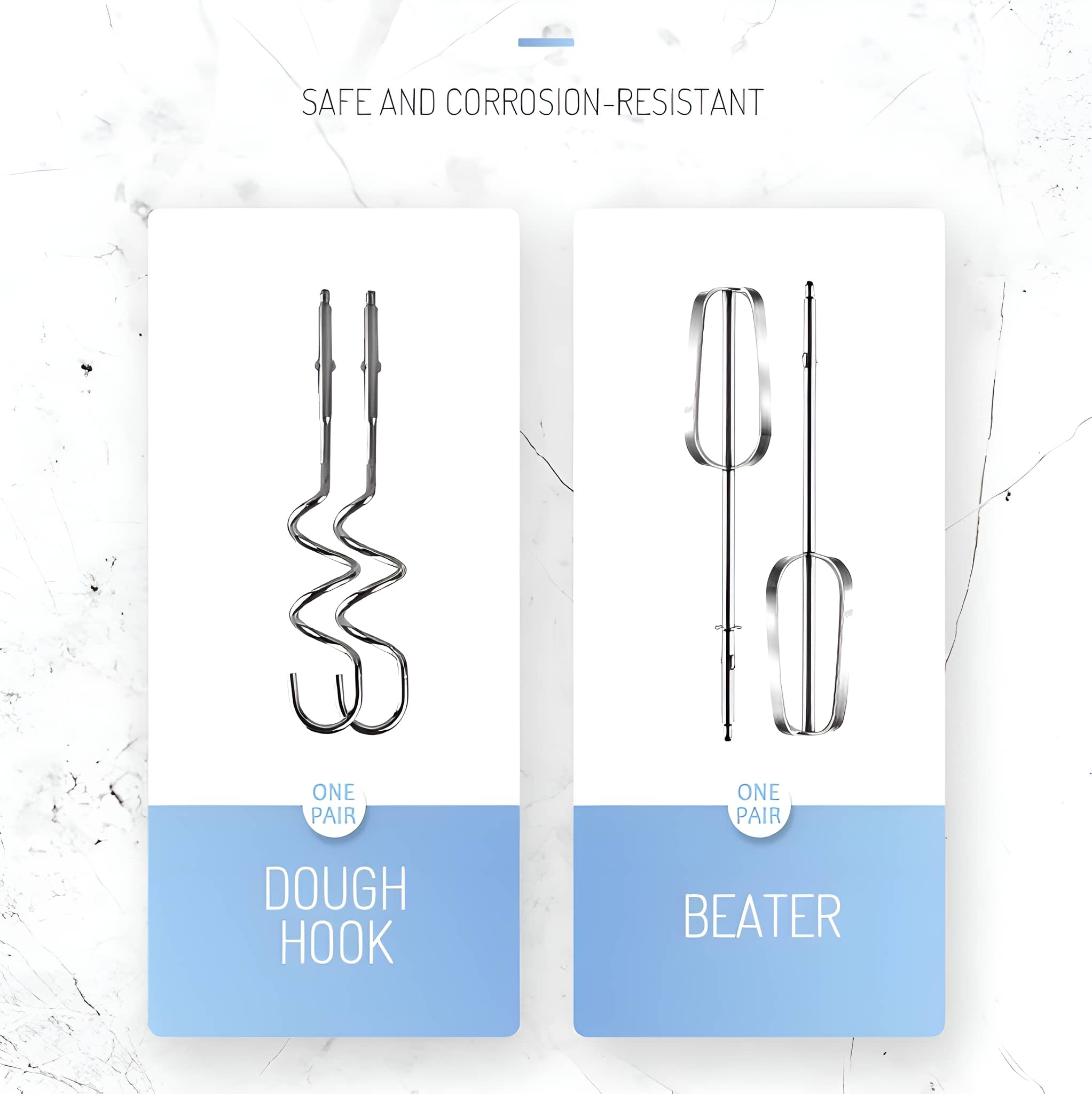 Bilder von Knethaken und einem Rührbesen mit den Texten 'DOUGH HOOK' und 'BEATER'.