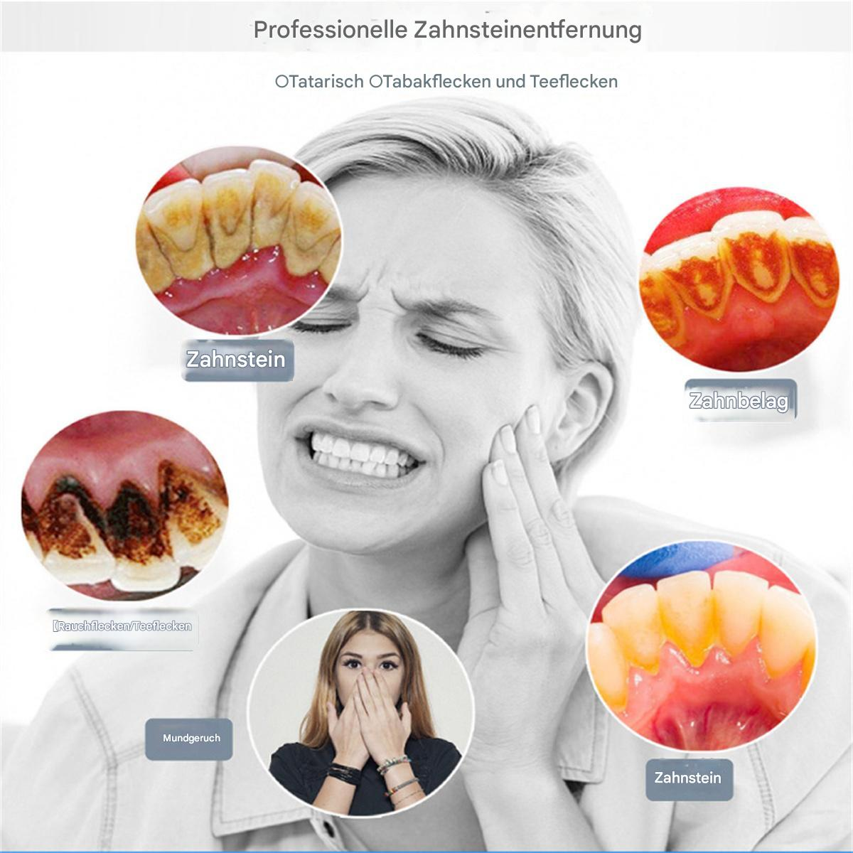 Eine Frau drückt Schmerz aus, mit Bildern von Zähnen, die Flecken und Zahnprobleme wie Zahnstein zeigen.