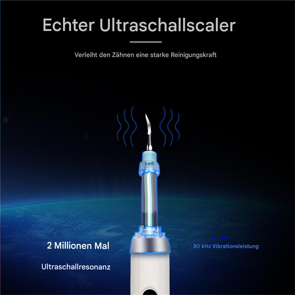Ein Bild, das einen Zahnsteinentferner in Gebrauch zeigt, mit blauem und weißem Hintergrund und Text.