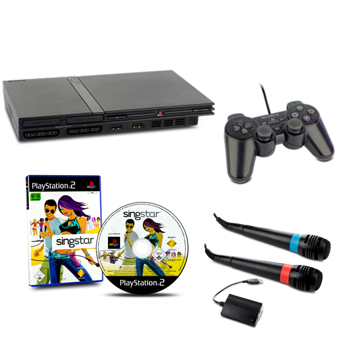 PlayStation 2 mit Singstar-Spiel, Controller und Mikrofonen.