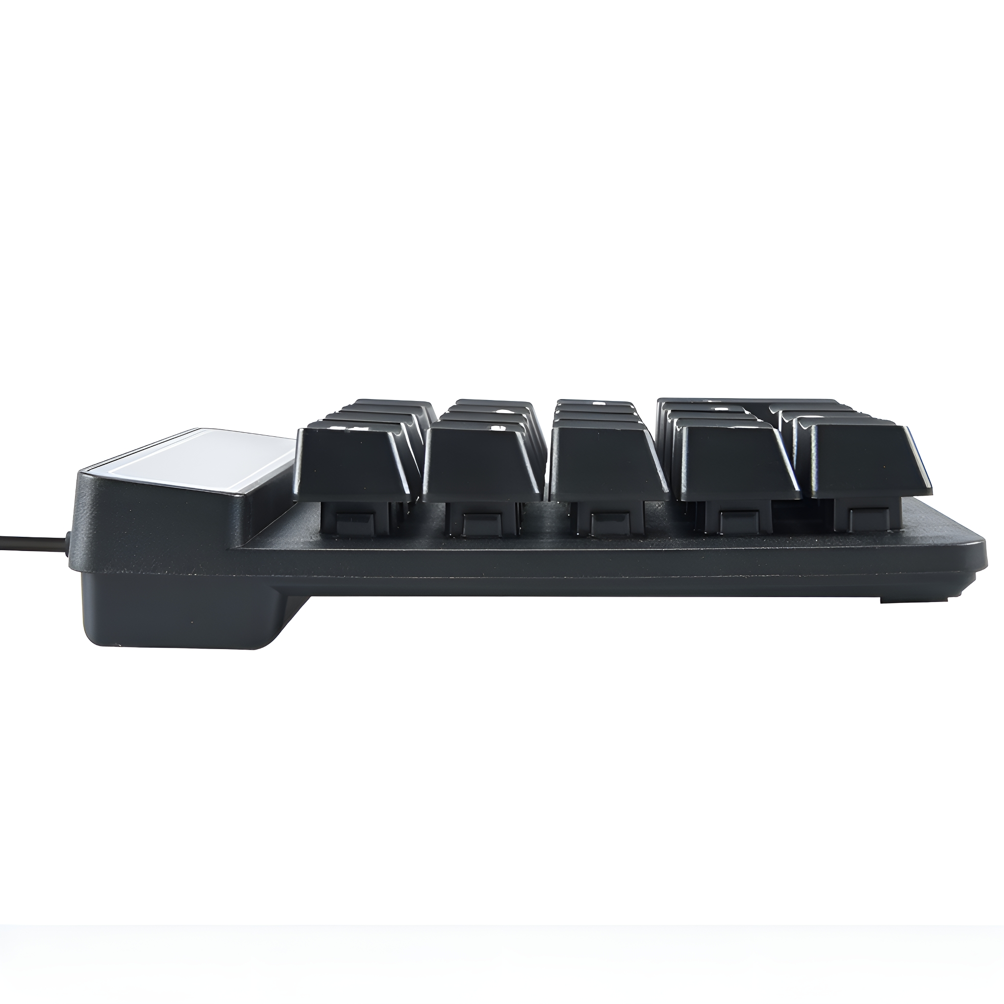 Eine Tastatur mit vielen schwarzen Tasten, nur Tasten auf der rechten Seite sind sichtbar.