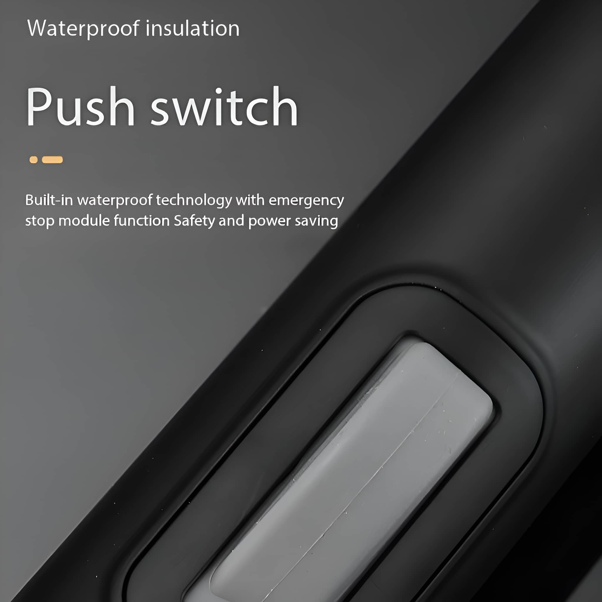 Nahaufnahme eines Druckschalters auf schwarzem Untergrund. Text beschreibt wasserdichte Technologie. Dunkler Hintergrund.
