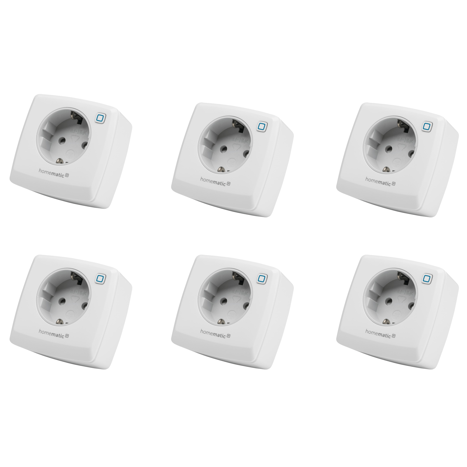 Sechs weiße Homematic Smart Plugs, jeweils mit Steckdose und blauer Anzeige.