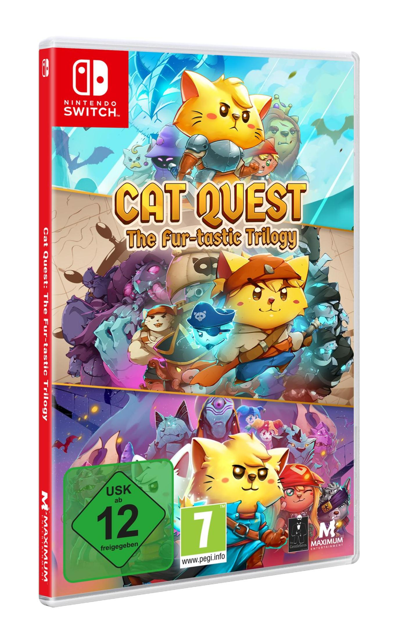 Cat Quest Spielbox. Katzen mit Waffen auf dem Cover, grünes Rating-Label.