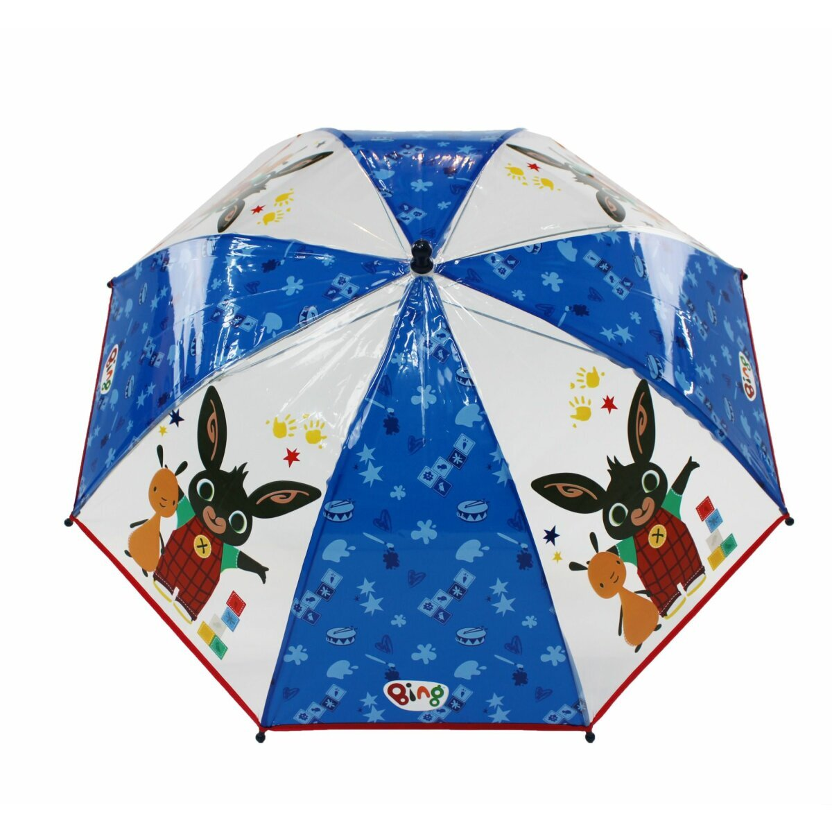 Offener Regenschirm mit Zeichentrickfiguren. Blaues und weißes Design. Bing-Cartoon ist vorhanden.