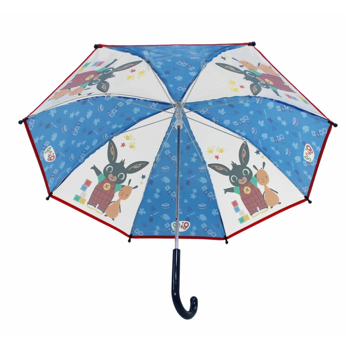 Ein offener Regenschirm mit einem Bing-Cartoon-Muster auf weißem und blauem Hintergrund mit schwarzem Griff.
