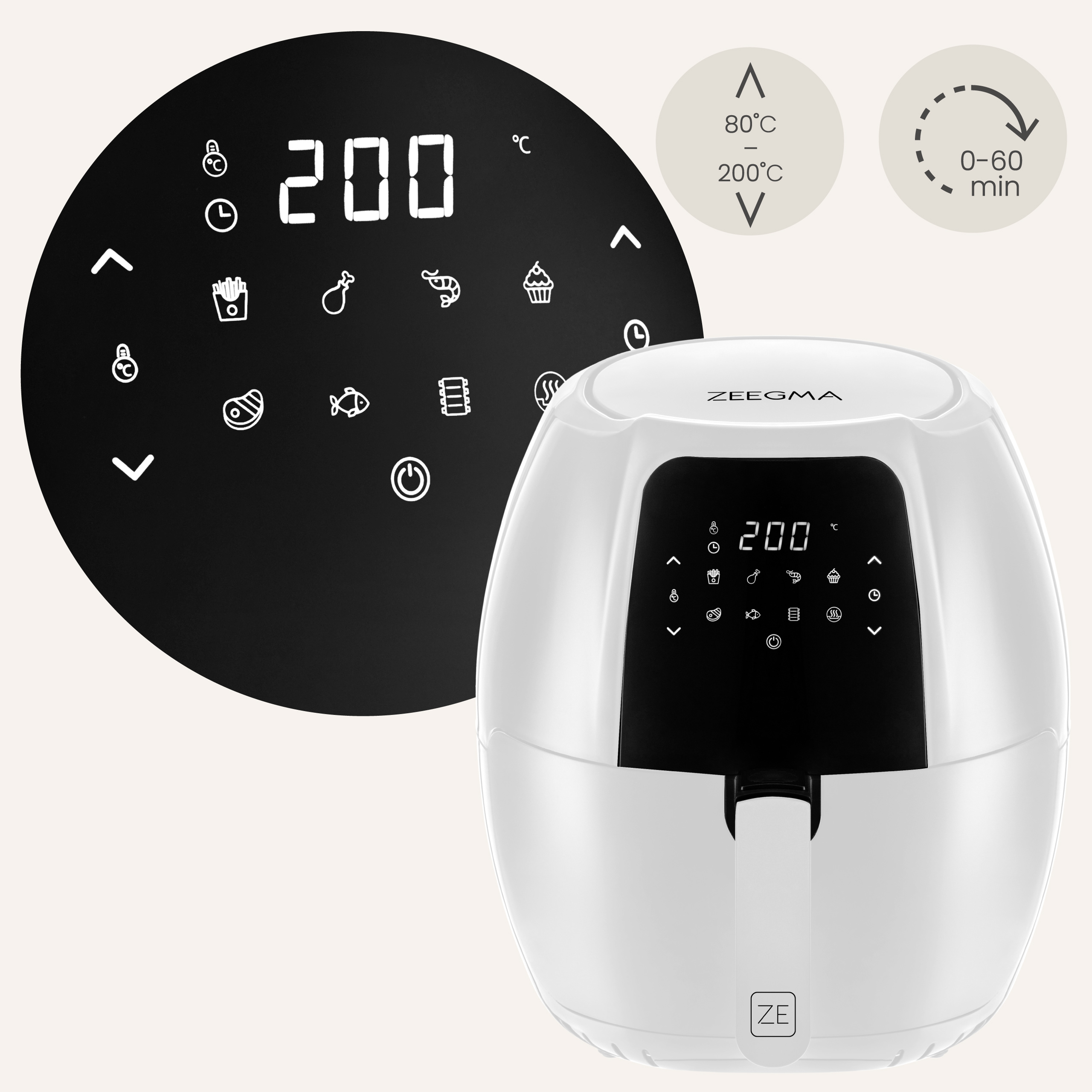Biała frytkownica powietrzna z cyfrowym wyświetlaczem 200°C. Oddzielny panel z informacjami o czasie i temp.