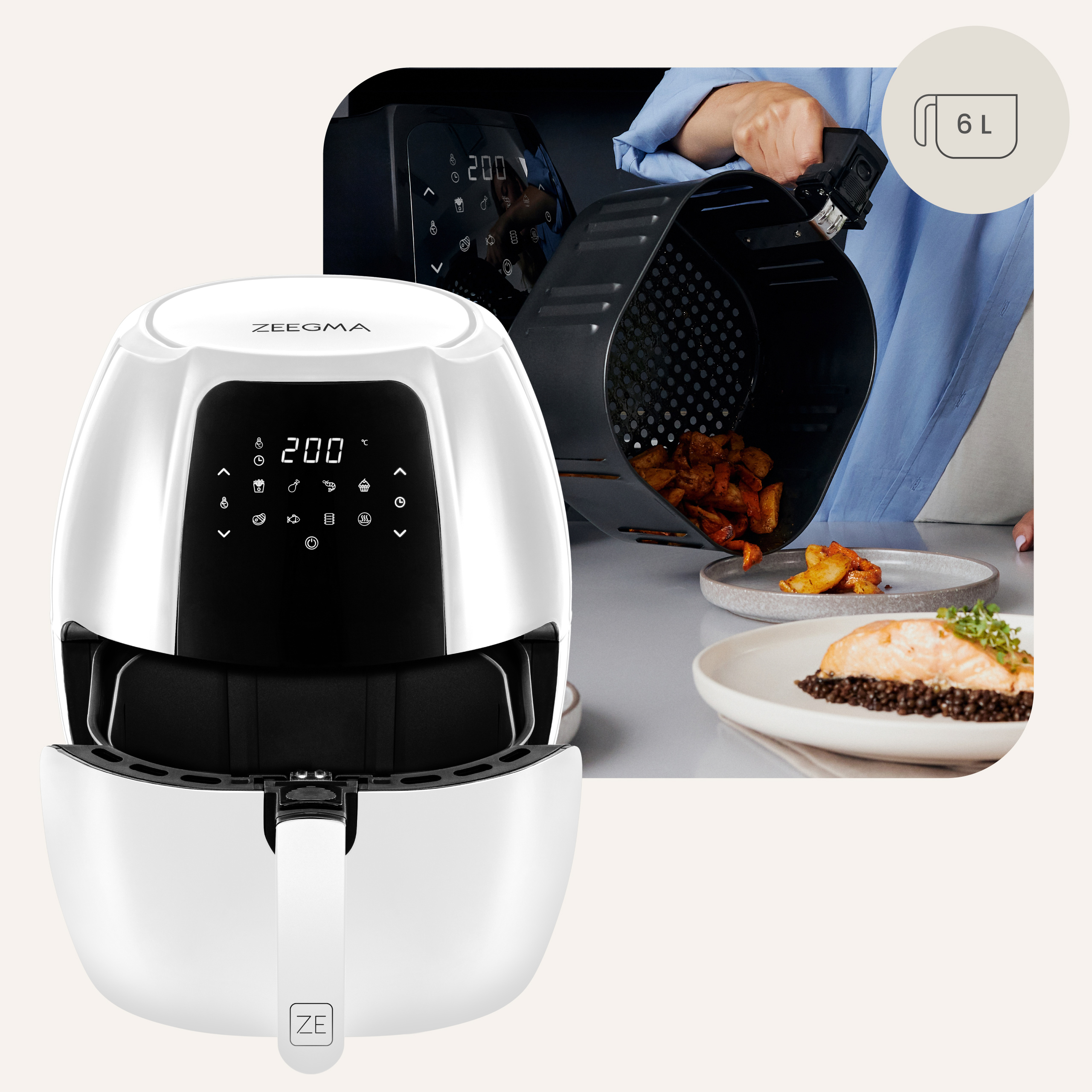 Biała frytkownica Zeegma z jedzeniem, frytkami i łososiem na talerzach. Pojemność 6L.