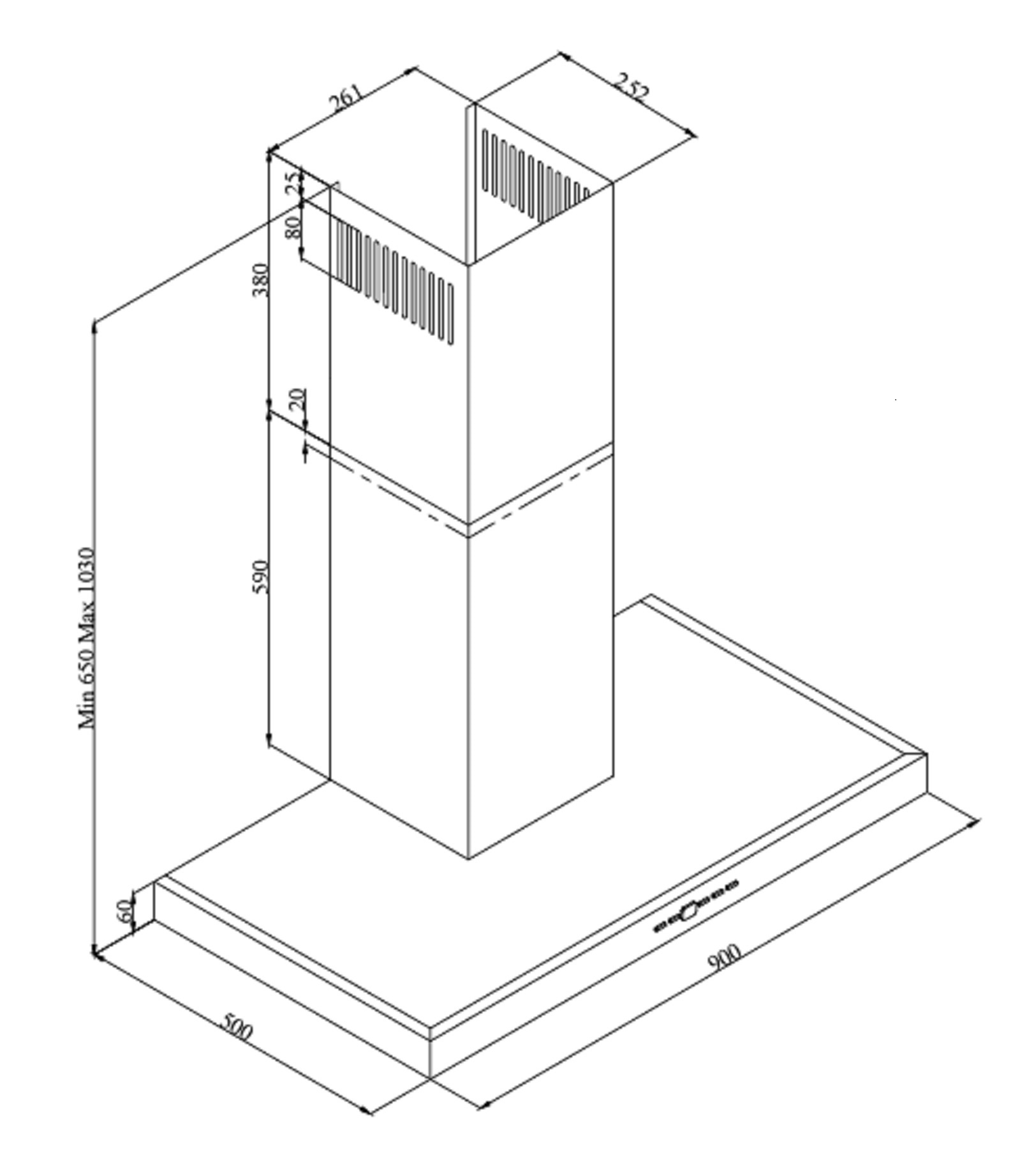 Disegno tecnico di una cappa da cucina con dimensioni.