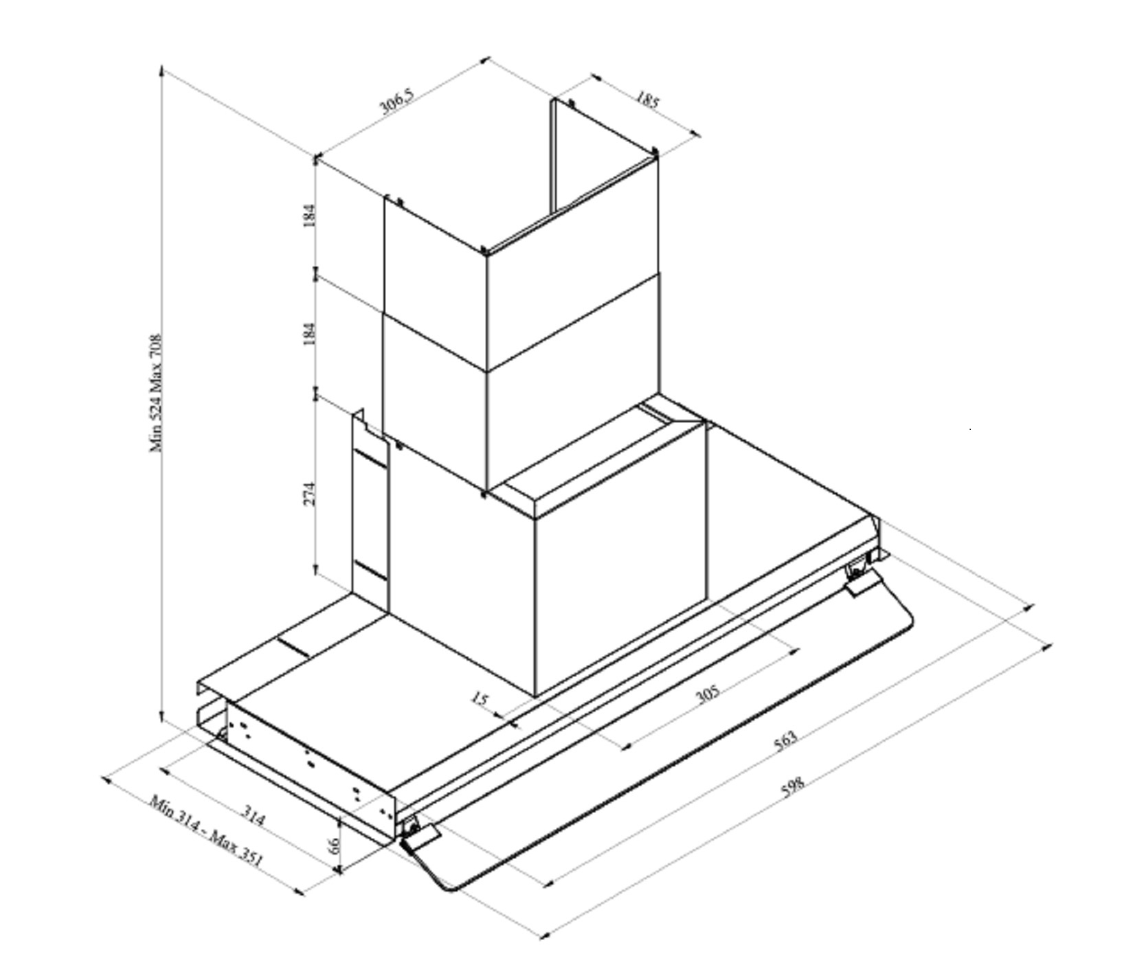 Un disegno tecnico di una cappa da cucina, con dimensioni e linee che ne indicano la struttura.