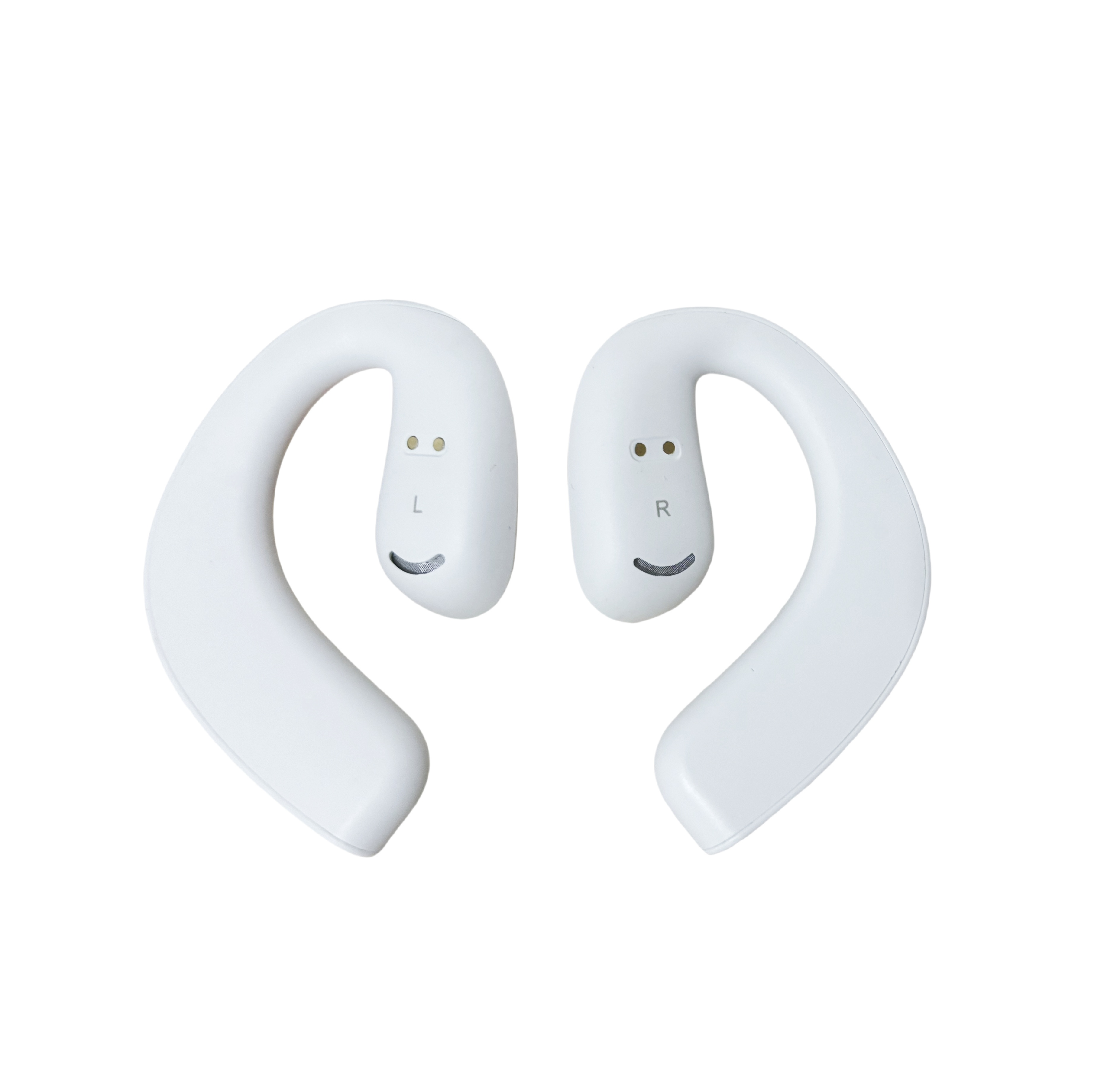 Auriculares inalámbricos blancos, izquierdo y derecho, con diseño de gancho.