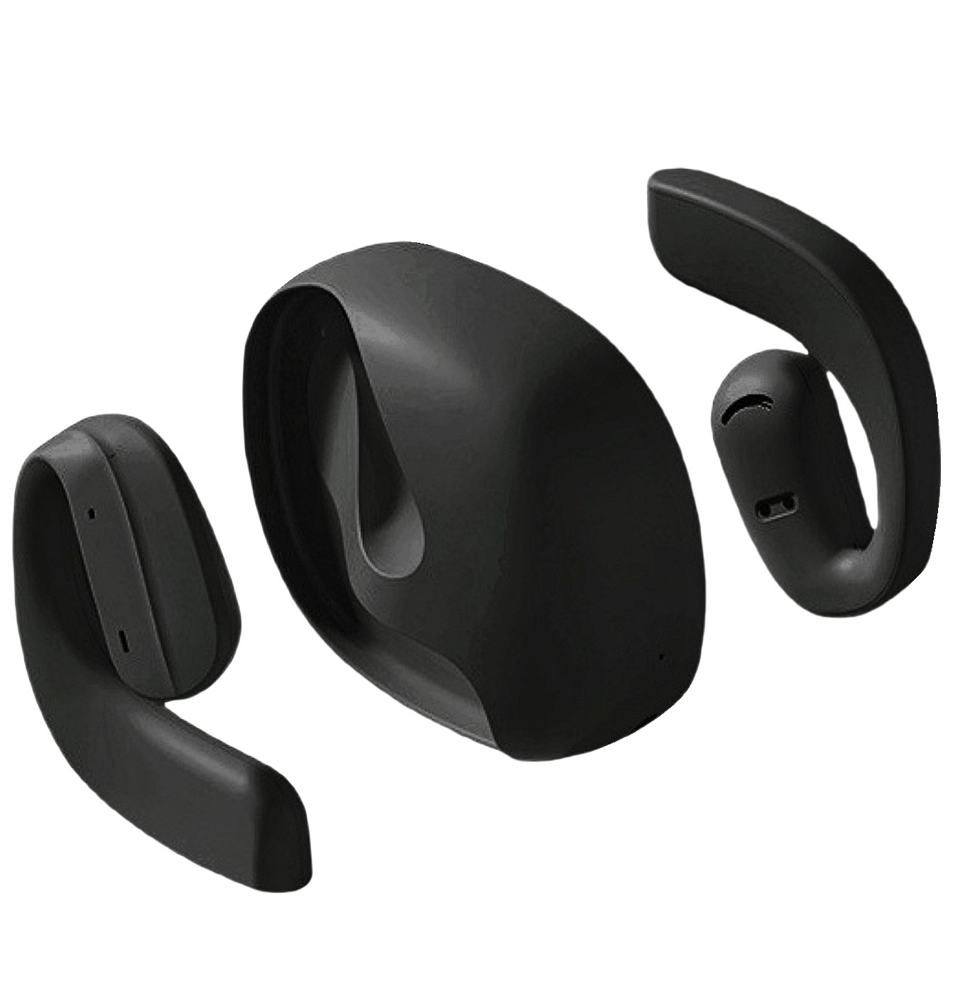 Auriculares inalámbricos negros en tres partes, aislados sobre fondo blanco.