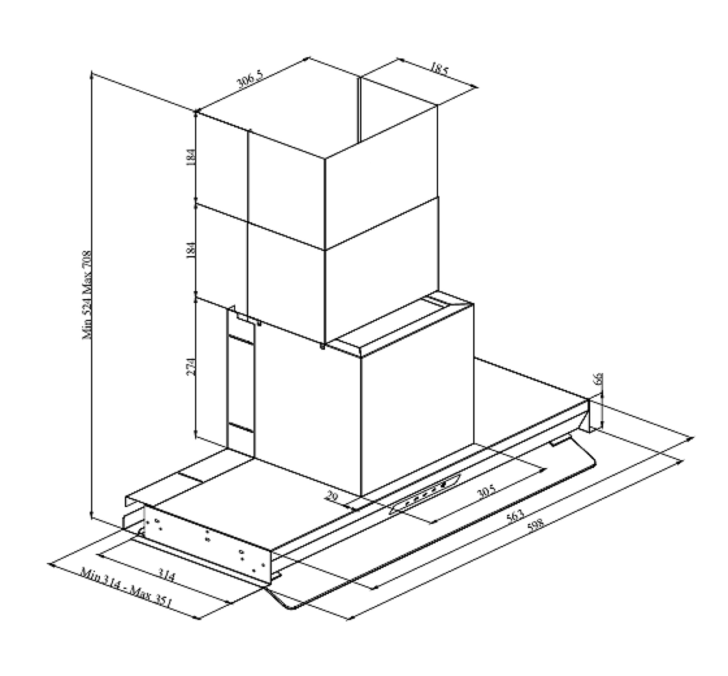 Disegno tecnico di una cappa da cucina con dimensioni e linee.