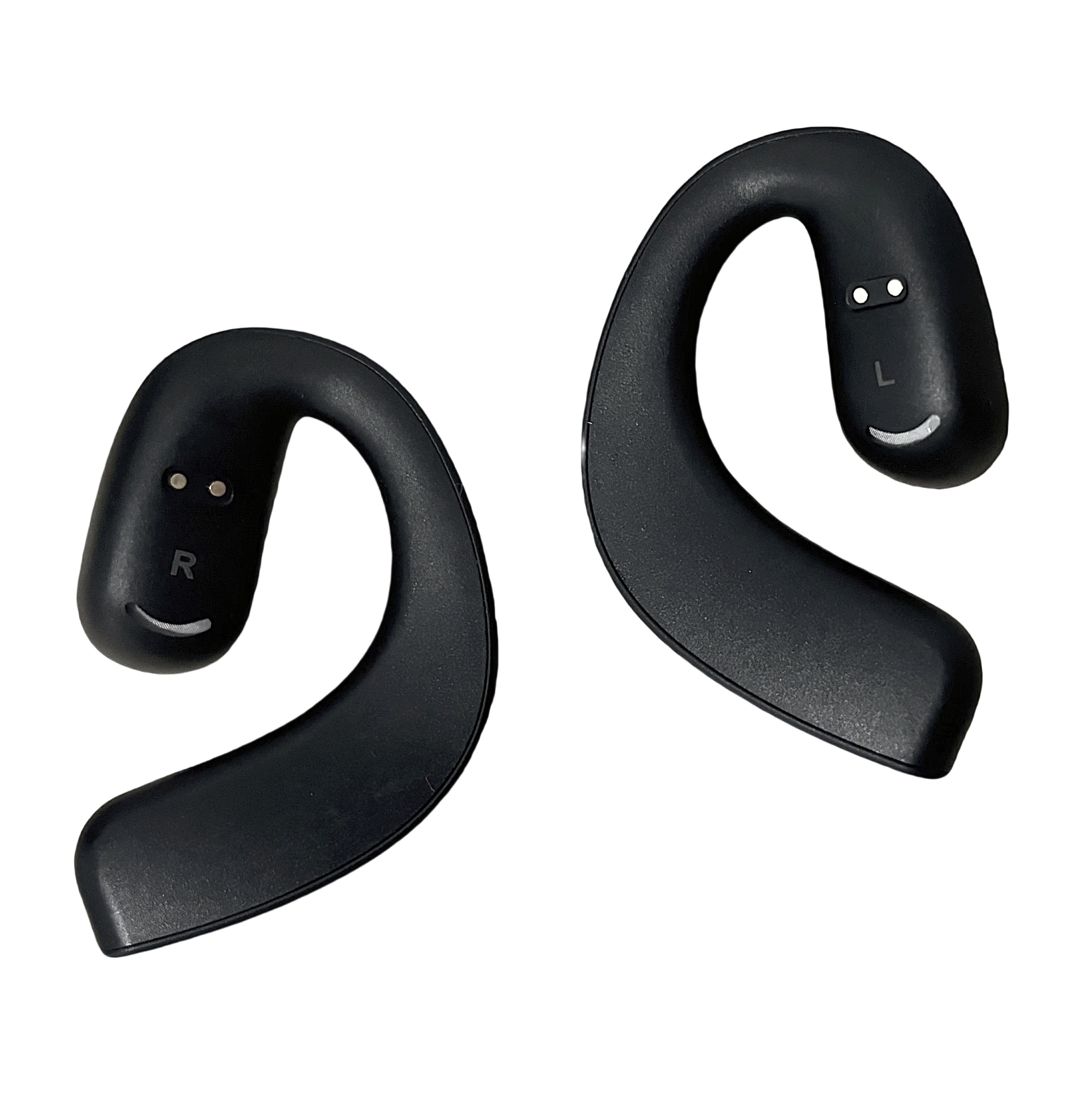Dos auriculares negros y curvos, el izquierdo marcado con 'L' y el derecho con 'R'.