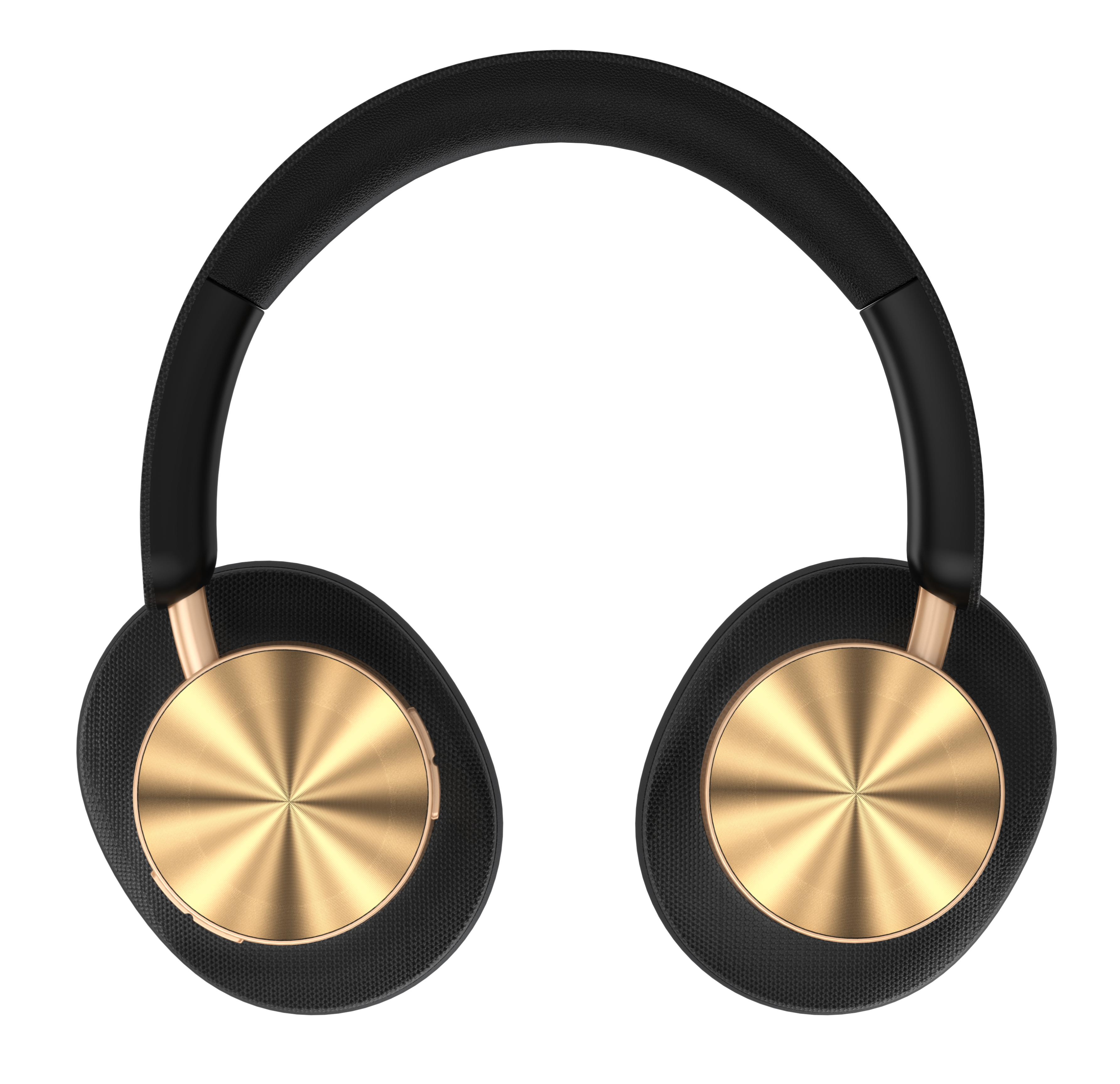Auriculares negros con copas doradas circulares y diadema negra, sobre fondo blanco.