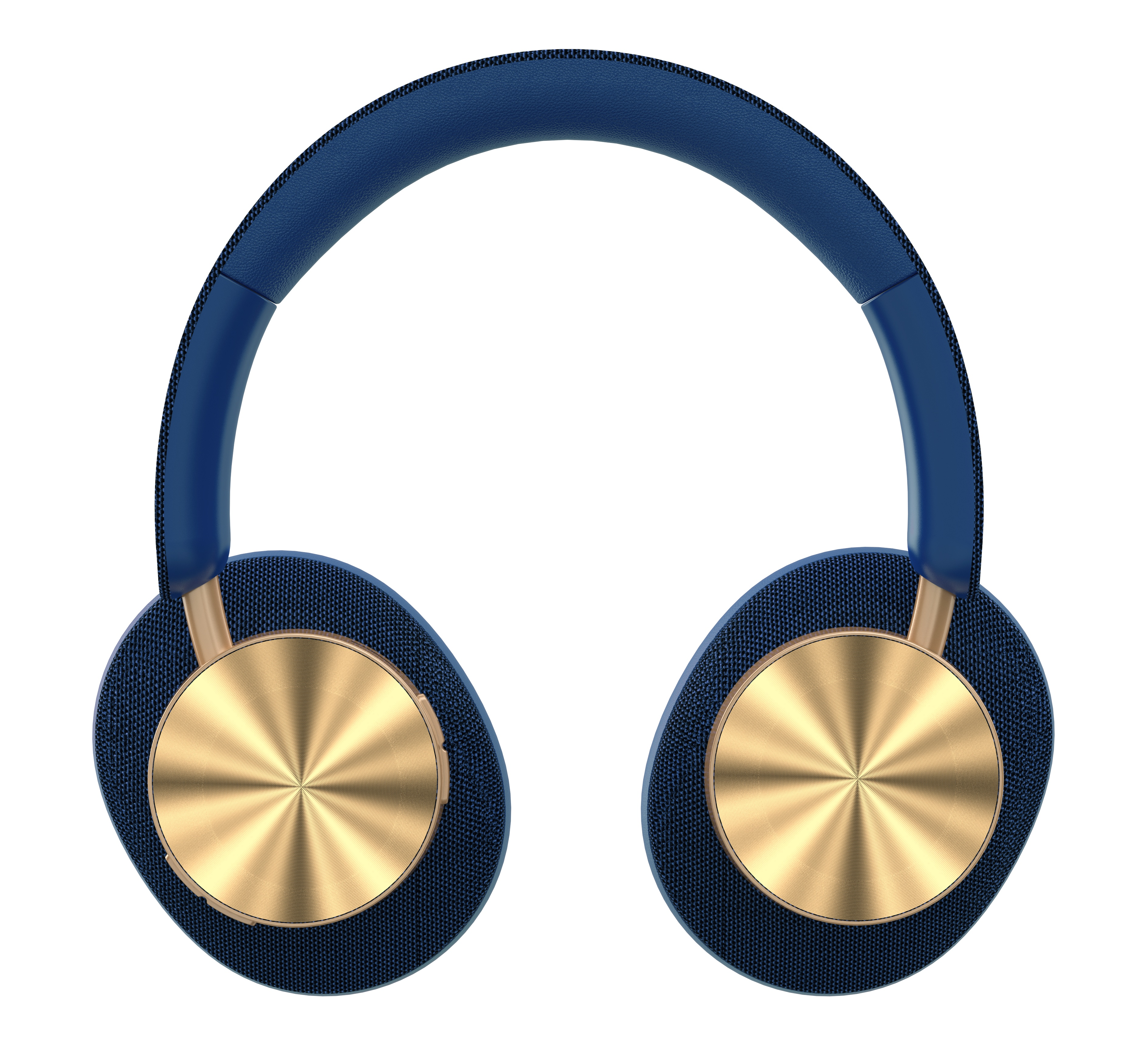Auriculares azules y dorados, los auriculares son dorados y la diadema es azul, sobre un fondo blanco.