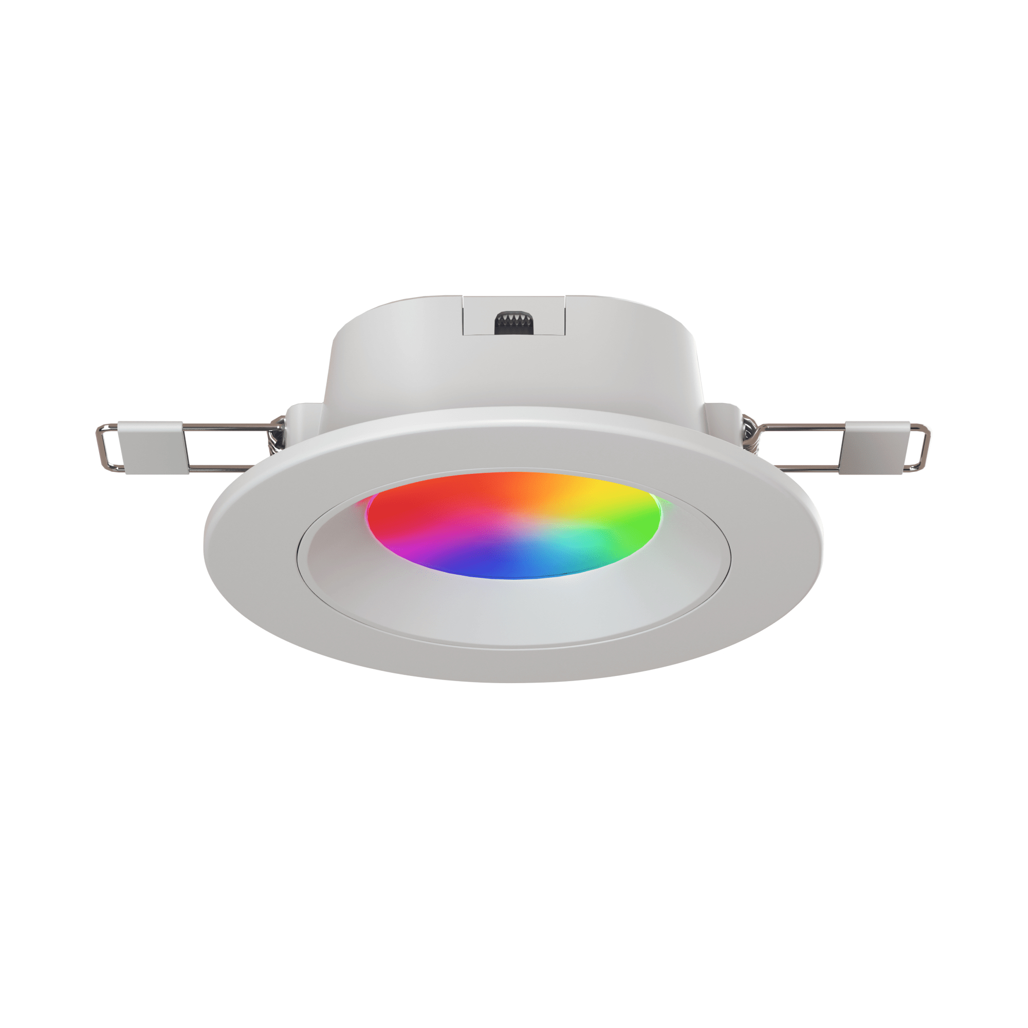 Faretto bianco con luce colorata. Le staffe metalliche si estendono. Sfondo bianco.