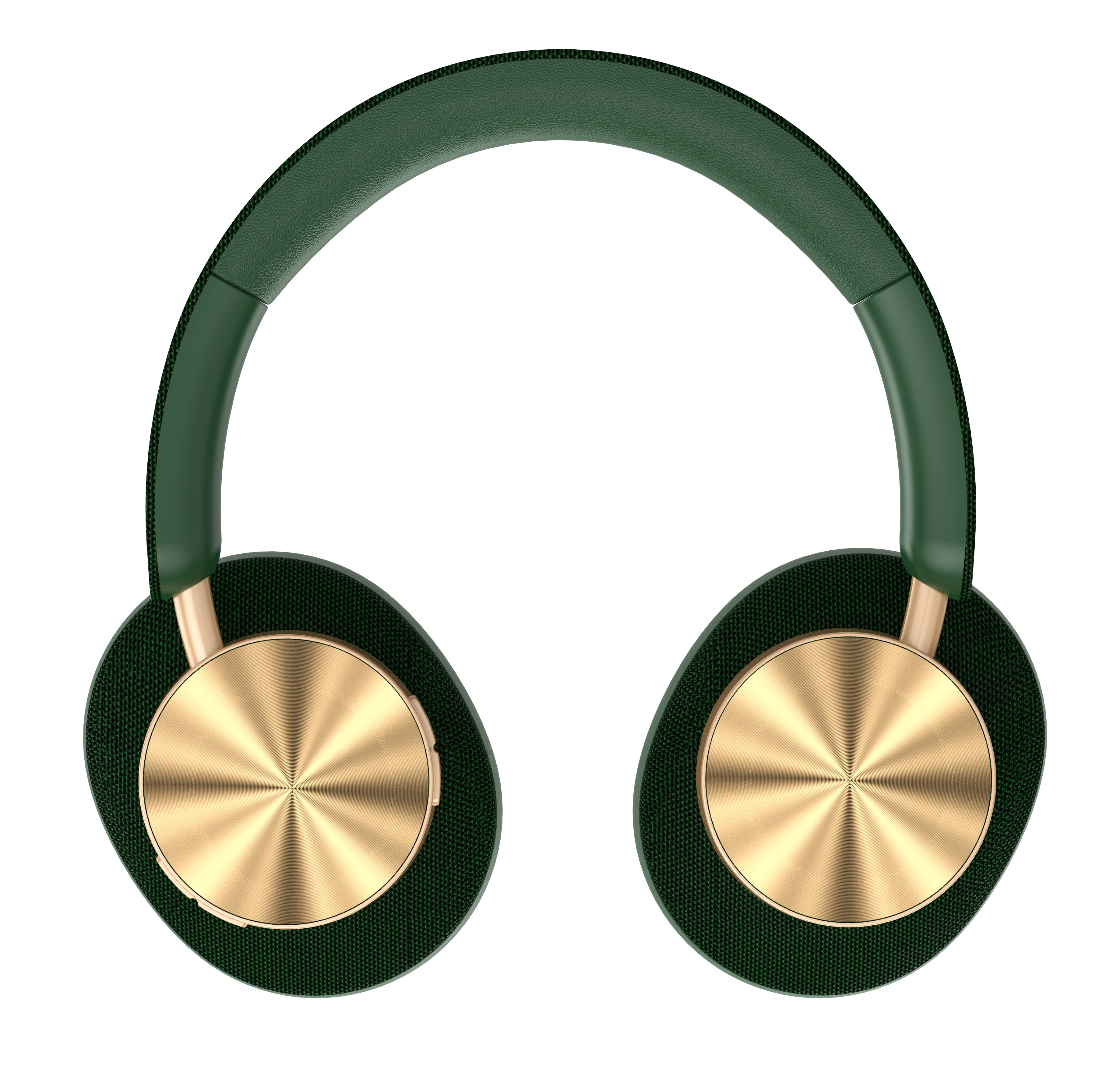 Auriculares verdes y dorados con diadema curva y copas circulares.