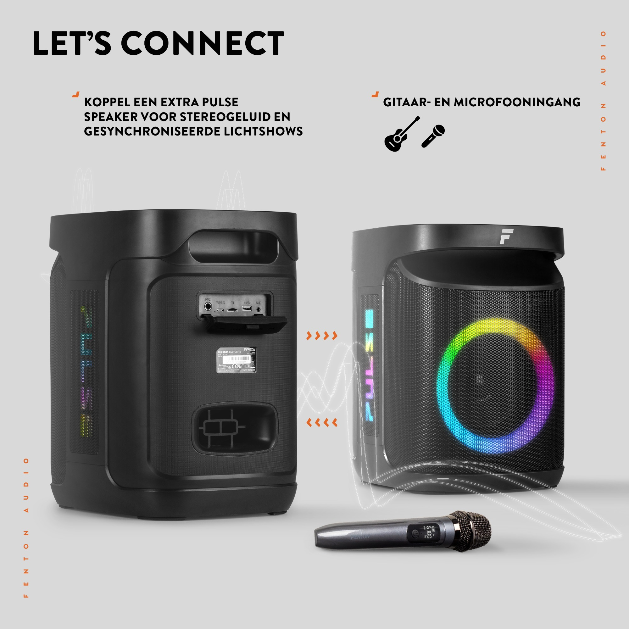 Dos altavoces y un micrófono. Un altavoz tiene una luz circular colorida.