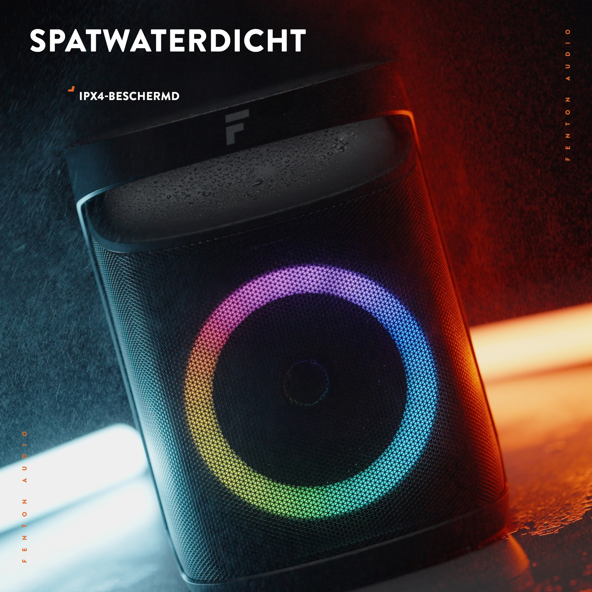 Un altavoz negro con un anillo de luz colorido, con gotas de agua.