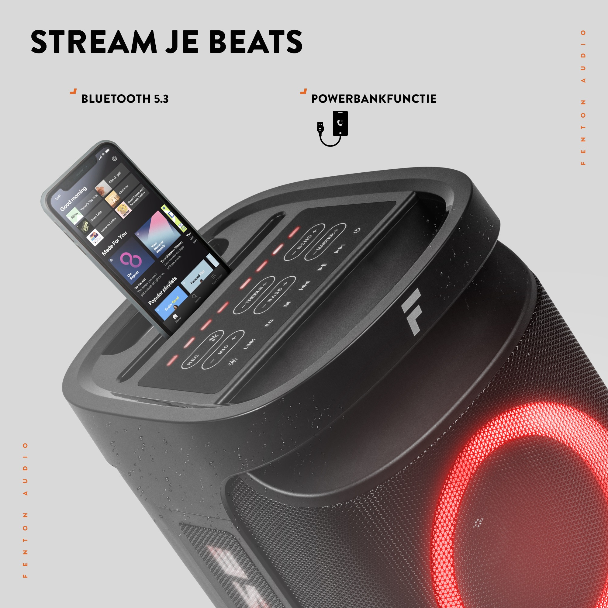 Un altavoz negro con un teléfono que muestra una aplicación de música, con texto sobre las funciones de Bluetooth y power bank.