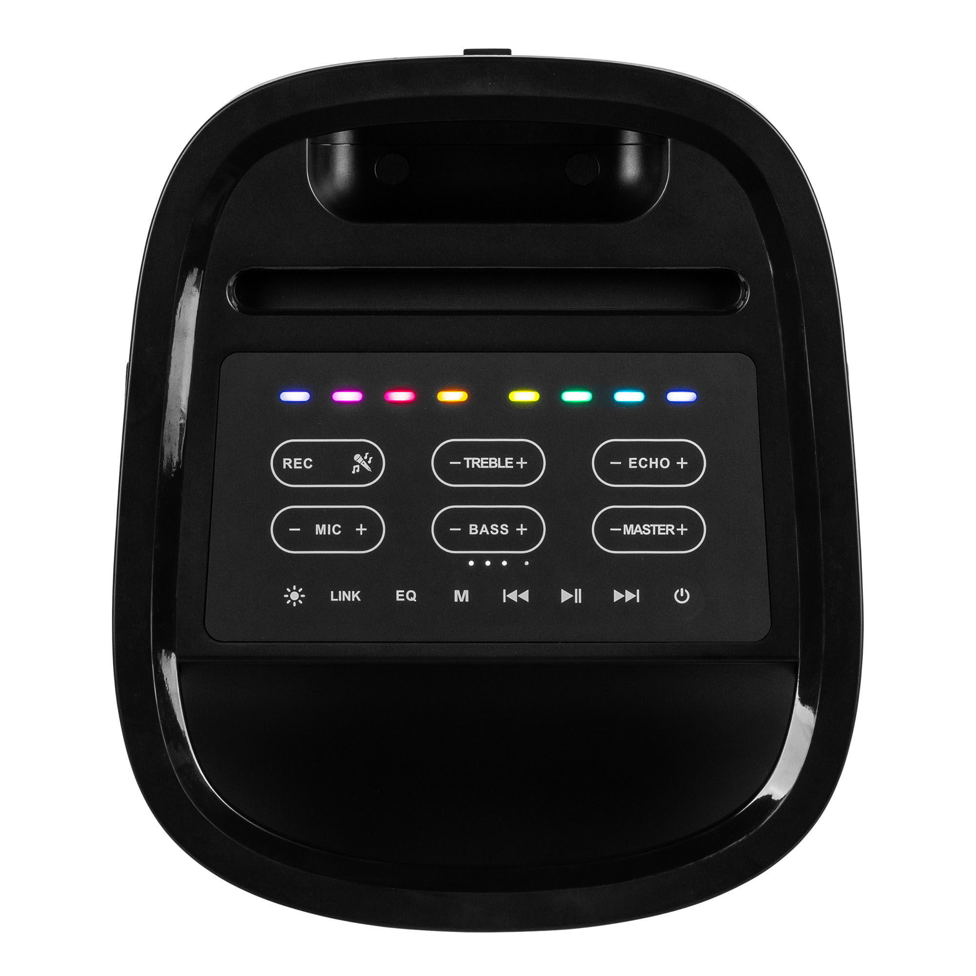 Altavoz negro con panel de control y botones iluminados.