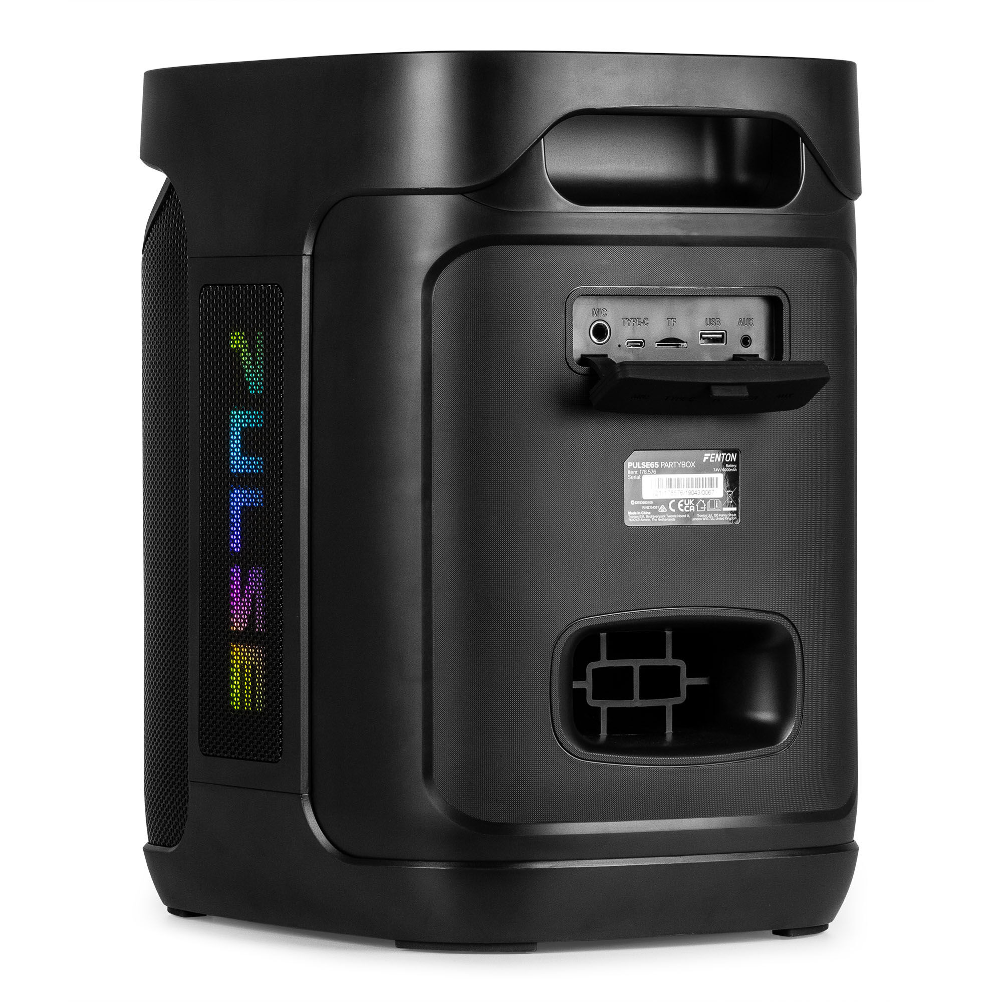 Altavoz Fenton negro con luces coloridas. Tiene una variedad de puertos y un asa.