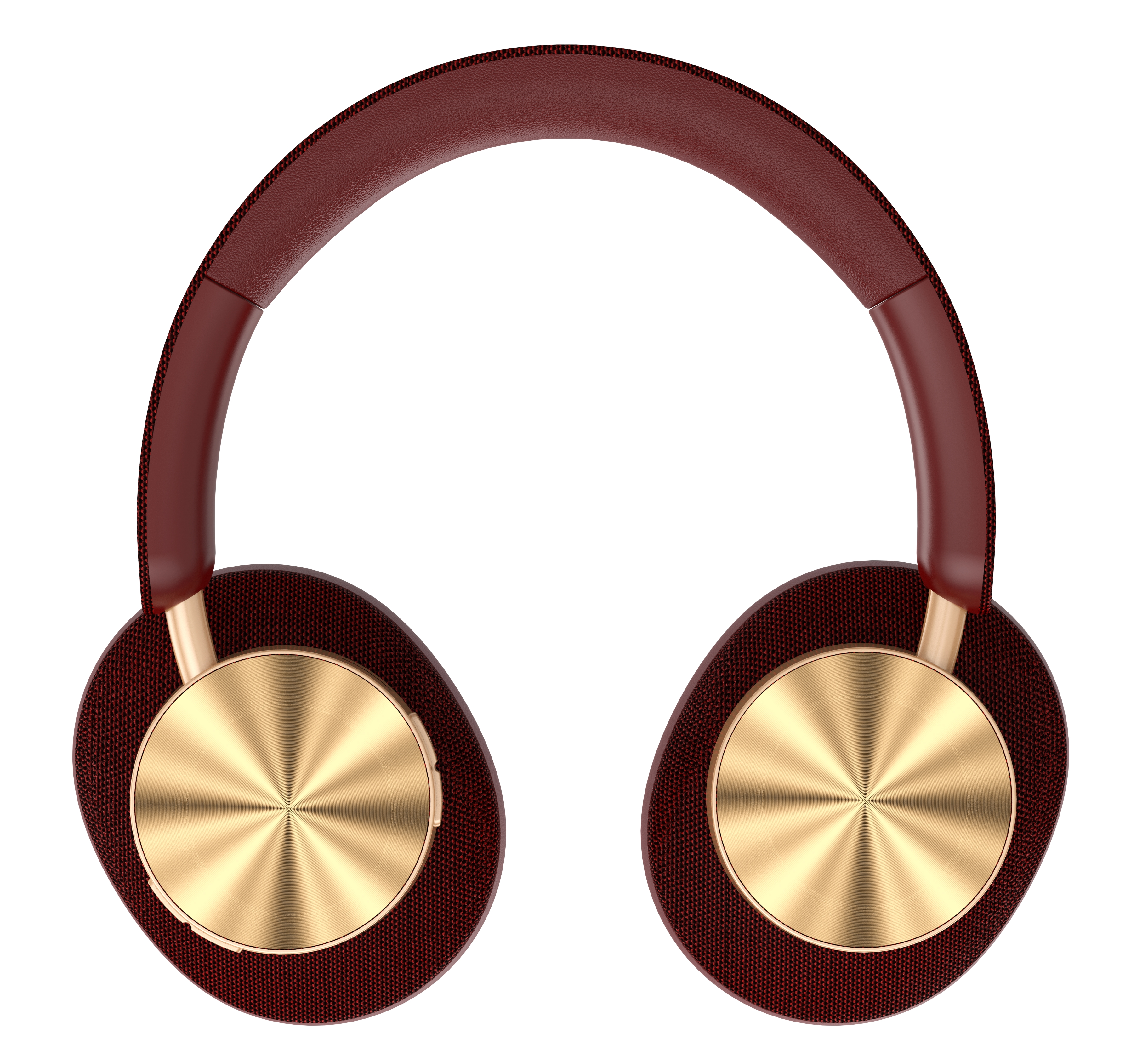 Auriculares granate y dorados. Los auriculares son circulares, y la diadema granate.