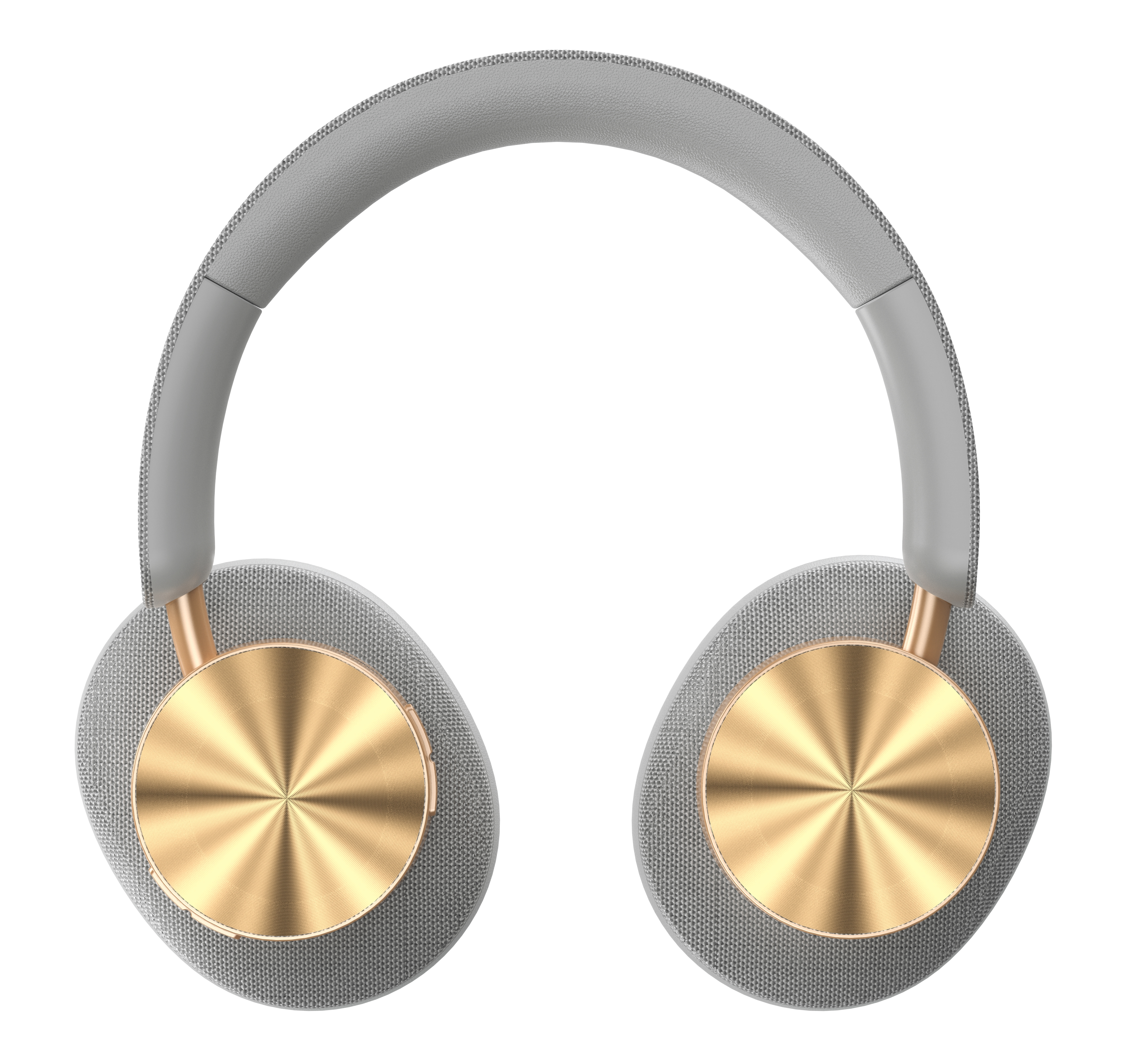 Auriculares grises y dorados. Tienen un diseño circular en las copas.